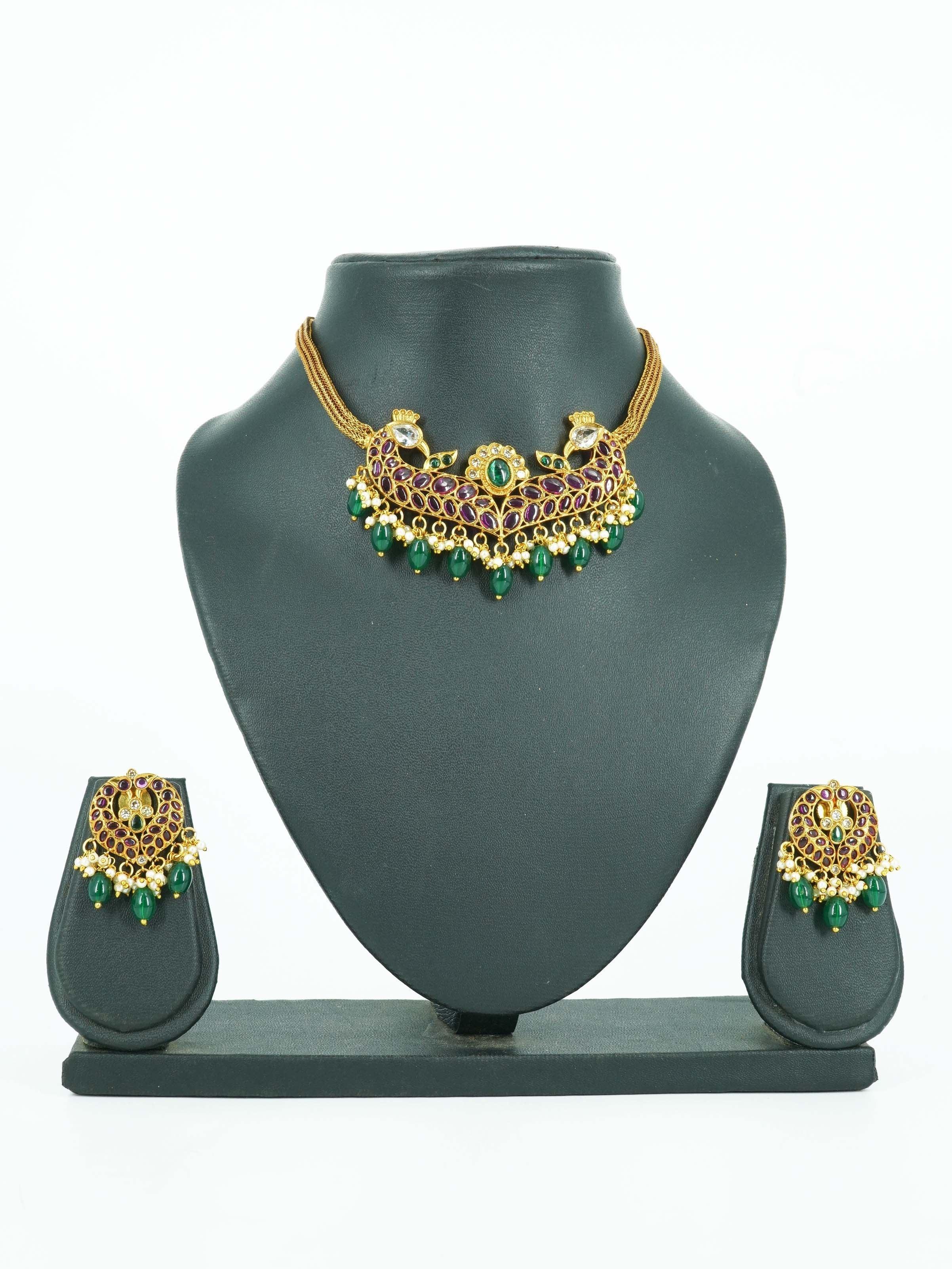 Premium Gold Plated Kemp Studded Necklace Set with Multi Color Stones 11913N - Griiham