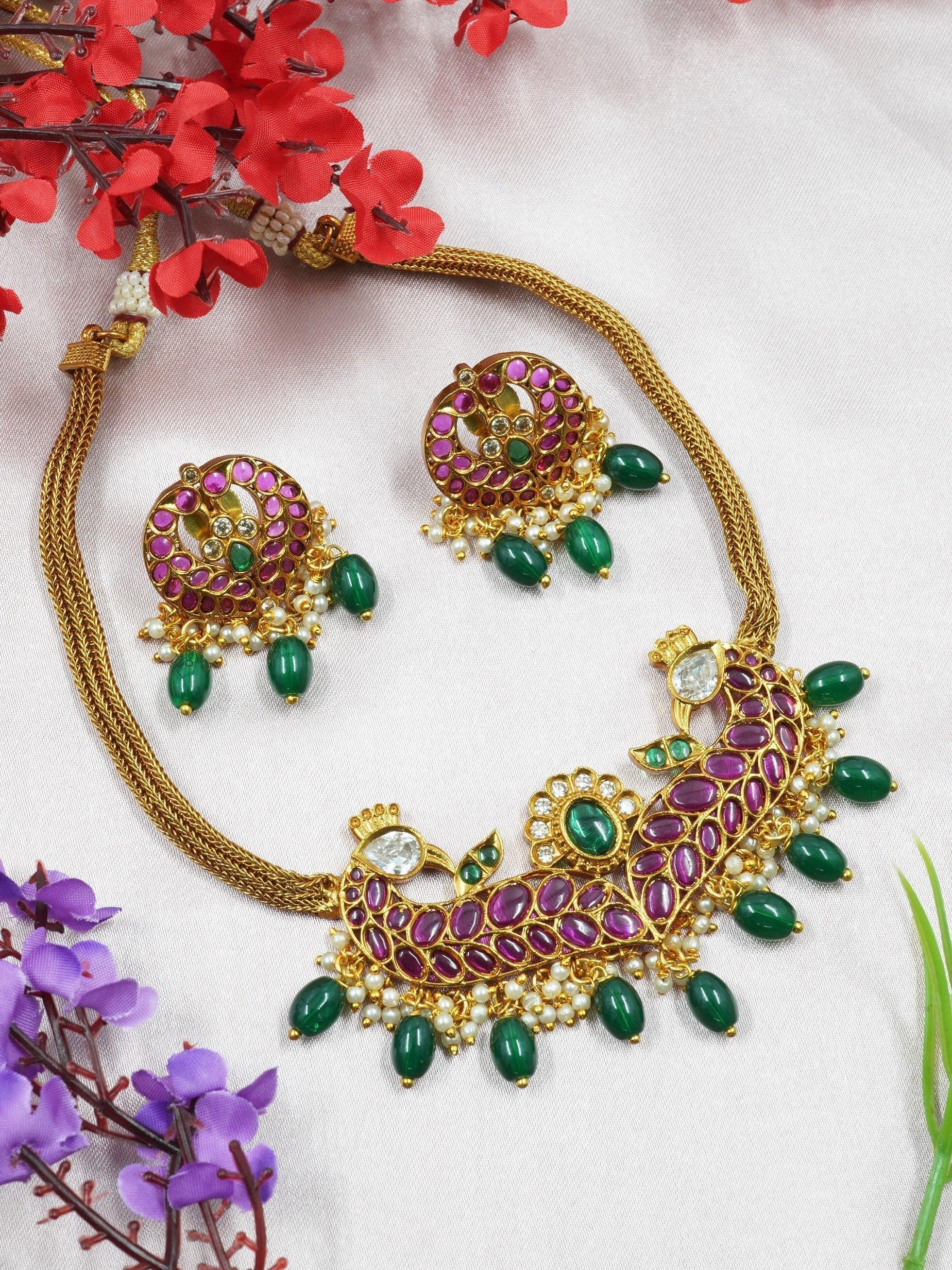 Premium Gold Plated Kemp Studded Necklace Set with Multi Color Stones 11913N - Griiham