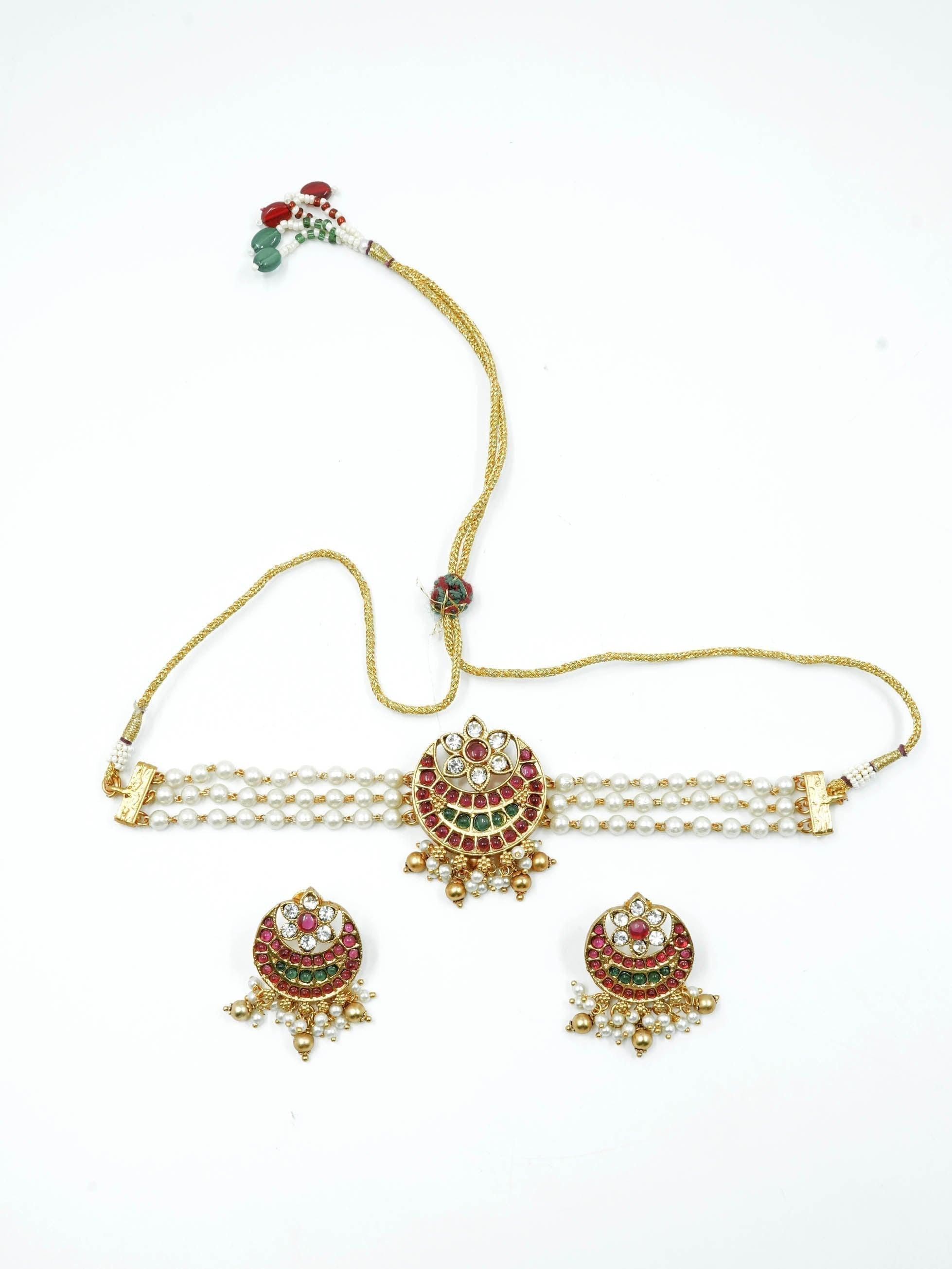 Premium Gold Plated Kempu Studded Chic Necklace set with Pearl String 10400N - Griiham