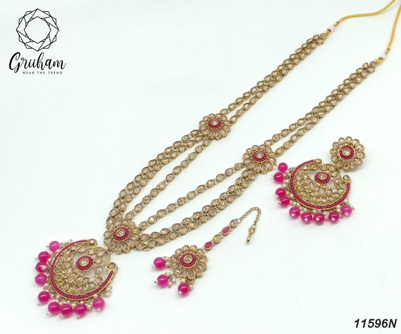 Premium Gold Plated Long Bridal Necklace Set with tikka with Stones - Griiham