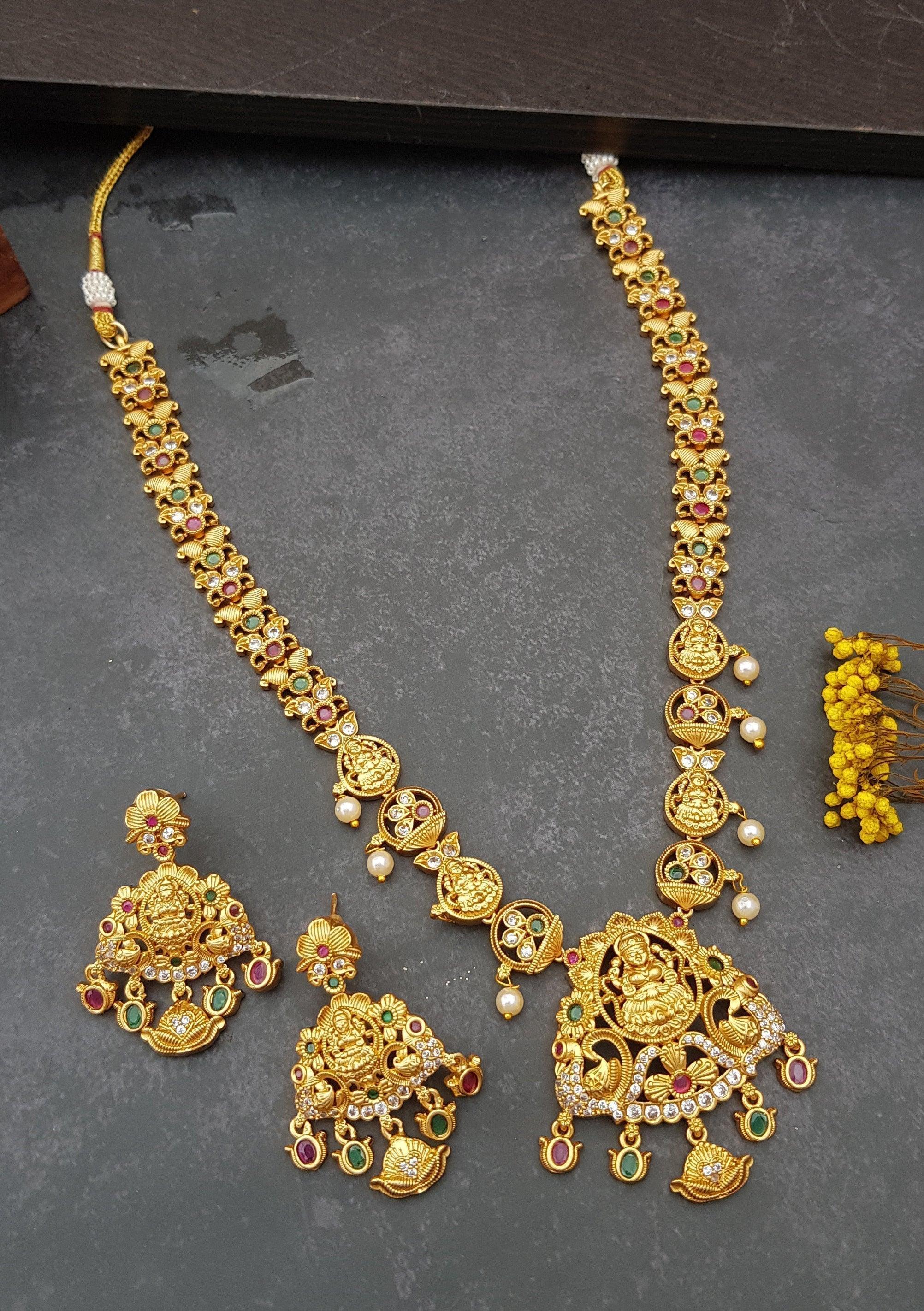 Premium Gold Plated Long Hara Necklace Set with CZ Stones