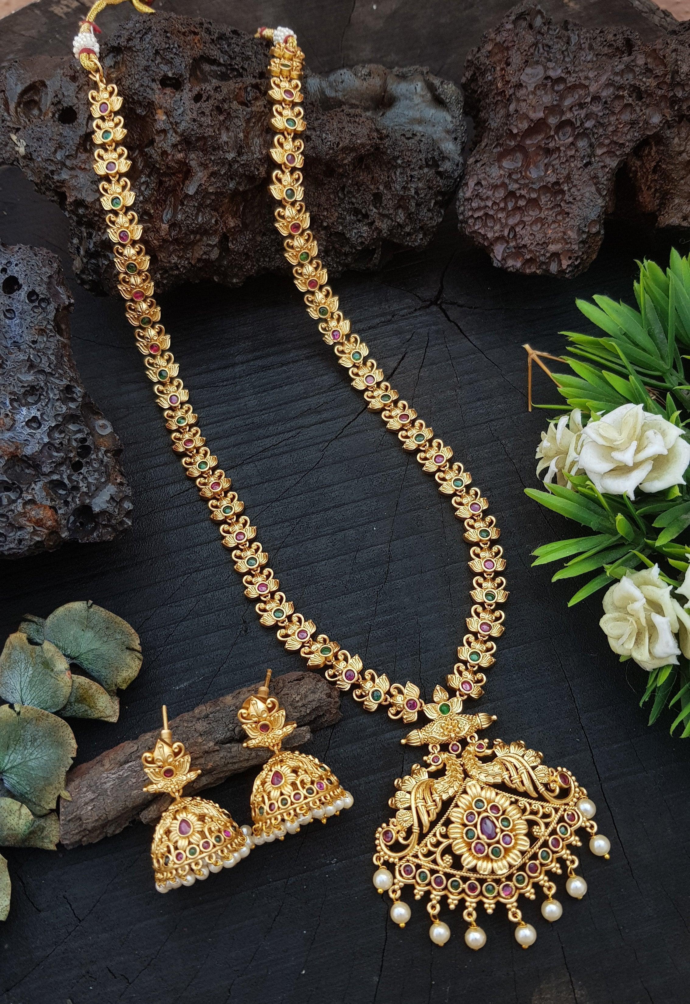 Premium Gold Plated Long Hara Necklace Set with CZ Stones