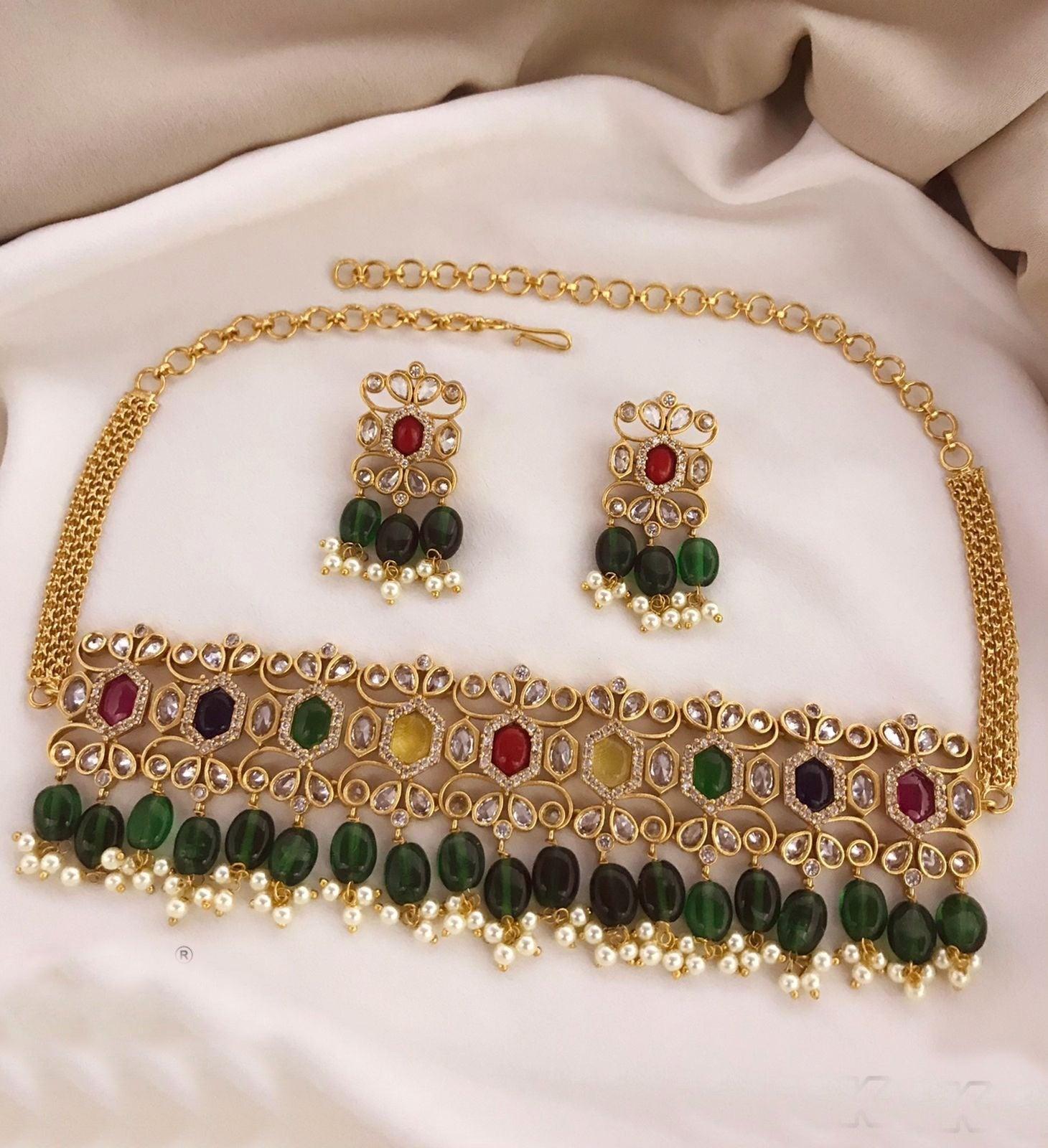 Premium Gold Plated Navratna stones Choker / Chic Necklace Set 9436N - Griiham