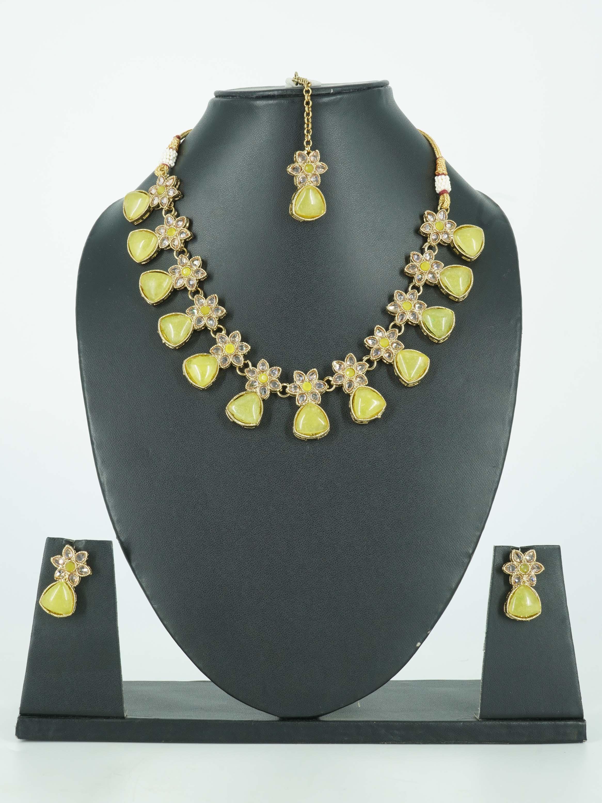 Premium Gold Plated Pastel Necklace Set with Mona Lisa Stones in different colors with Mang Tikka 11994N - Griiham