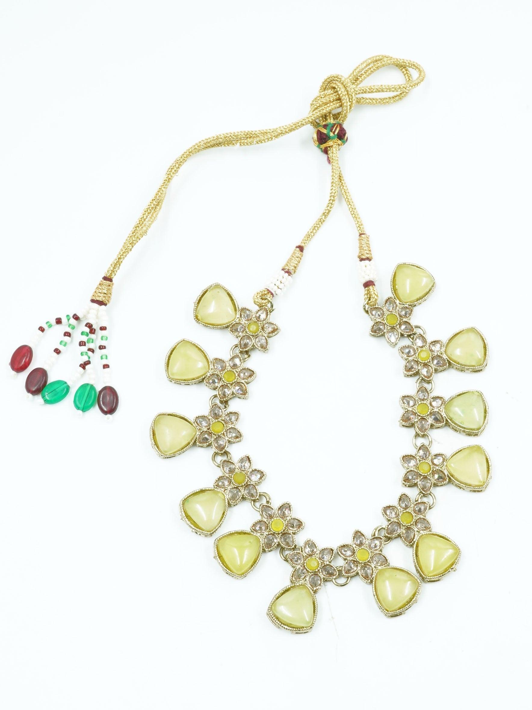 Premium Gold Plated Pastel Necklace Set with Mona Lisa Stones in different colors with Mang Tikka 11994N - Griiham