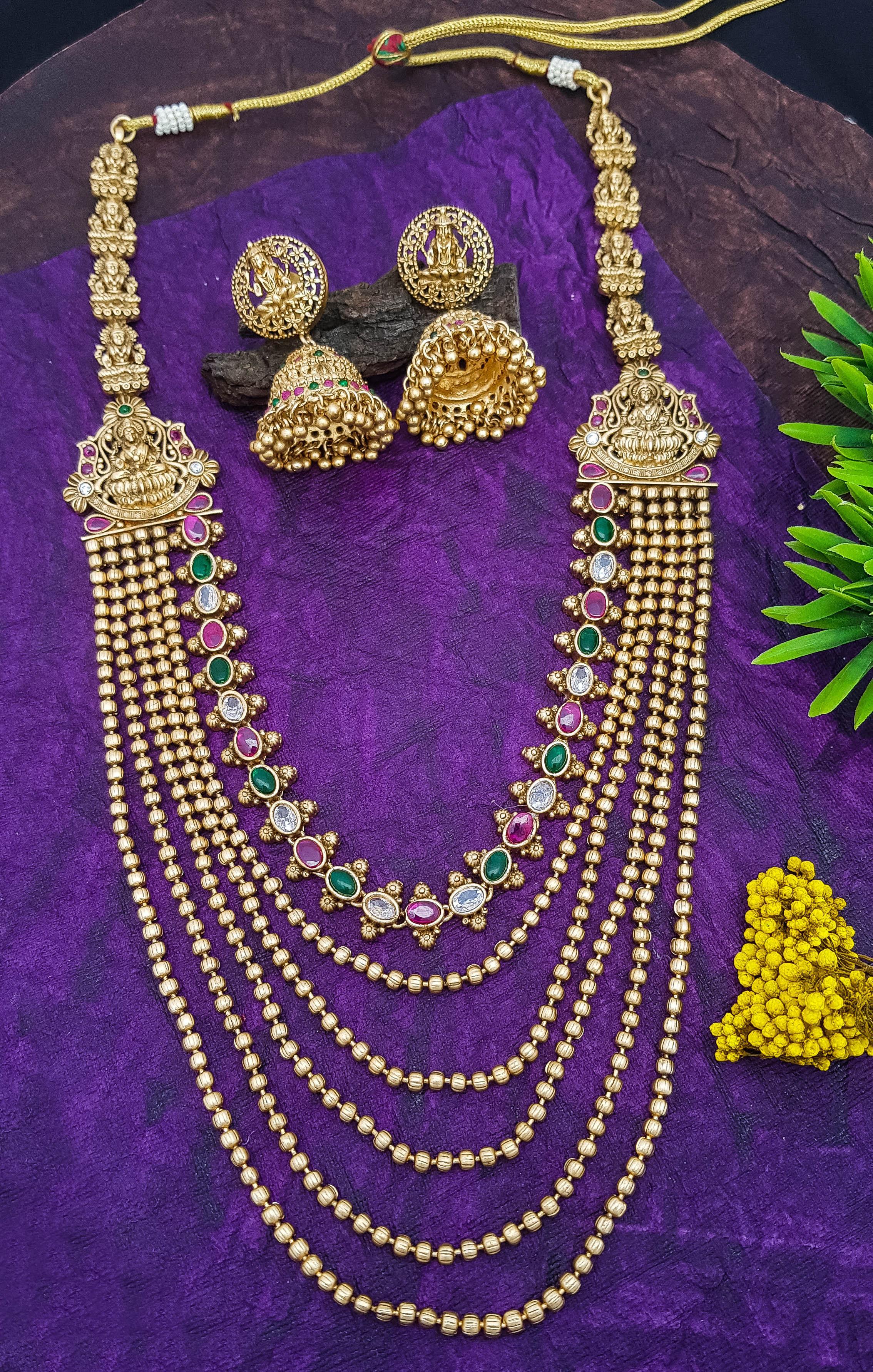 Premium Gold Plated Ranihar 6 line Necklace Jewellery Set