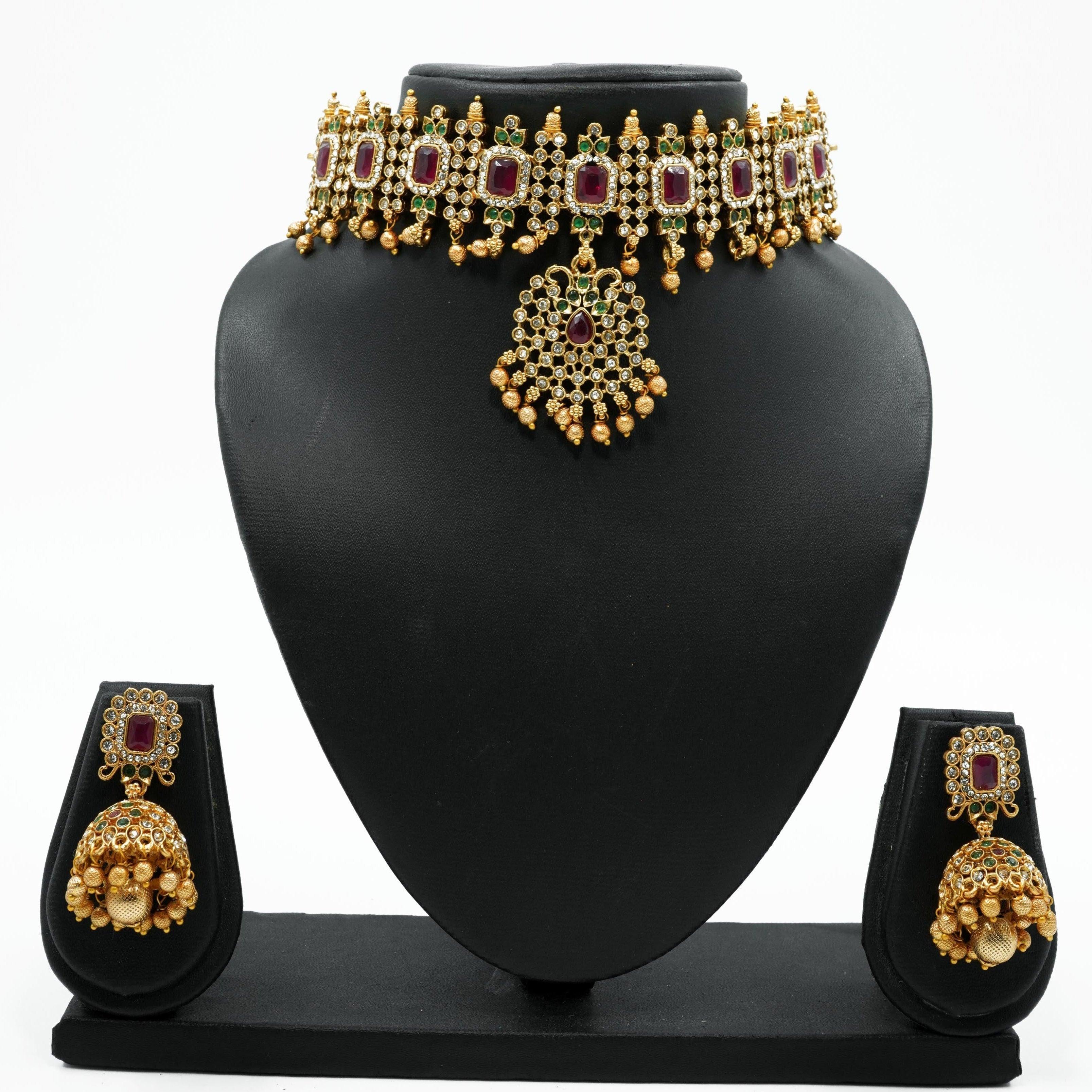 Premium Gold Plated Sayara Collection Multi Colour CZ Stone Choker Necklace Set 9910N - Griiham