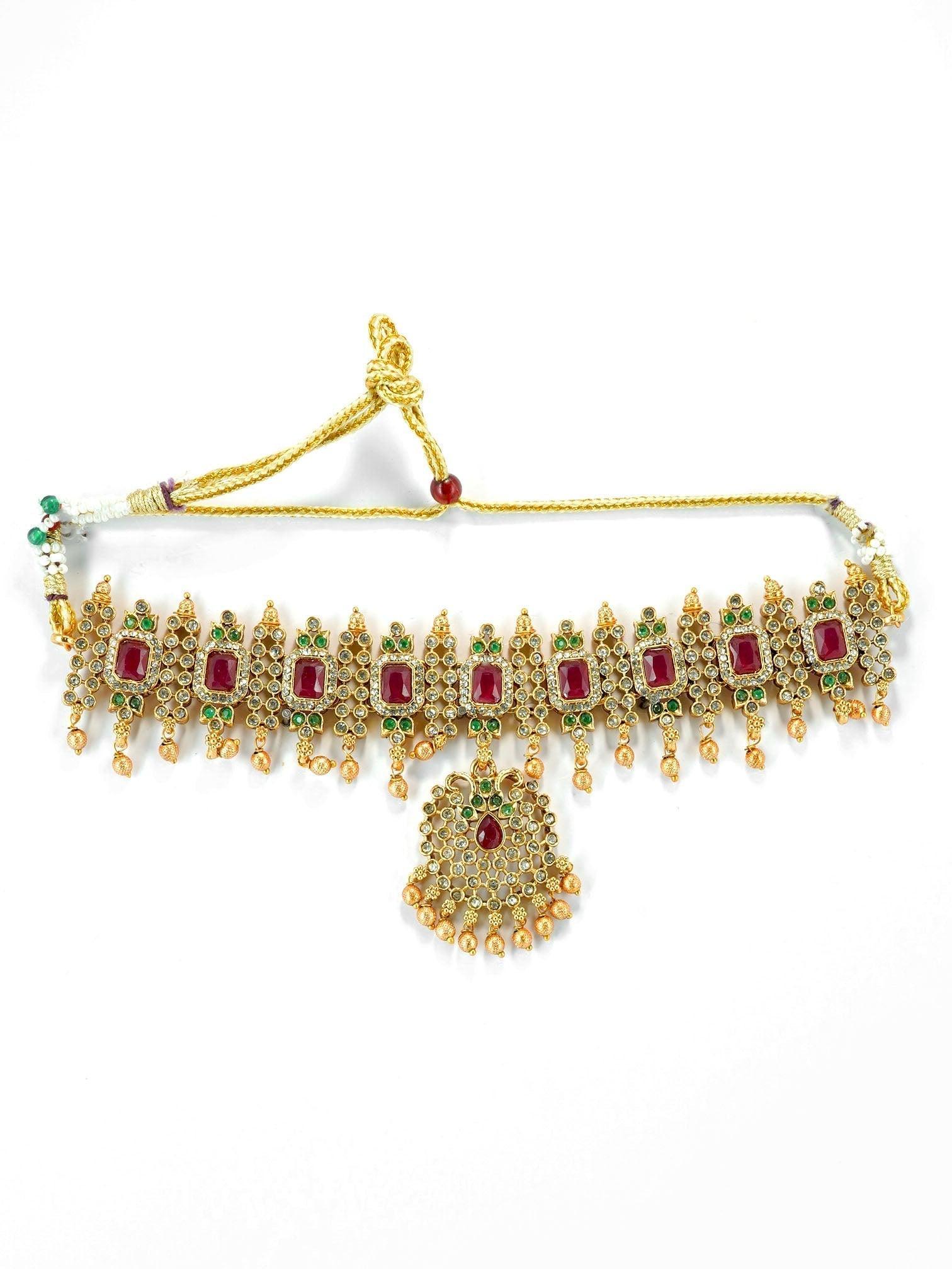 Premium Gold Plated Sayara Collection Multi Colour CZ Stone Choker Necklace Set 9910N - Griiham