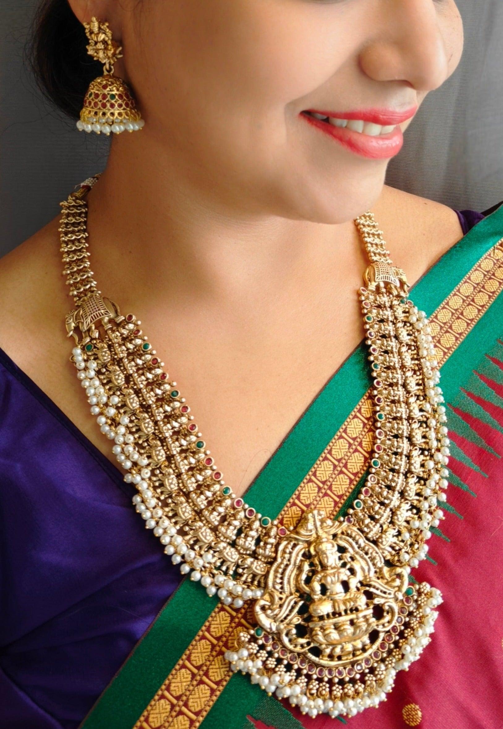 Premium Gold Plated Temple Design Long Hara Bridal Necklace Set - Griiham