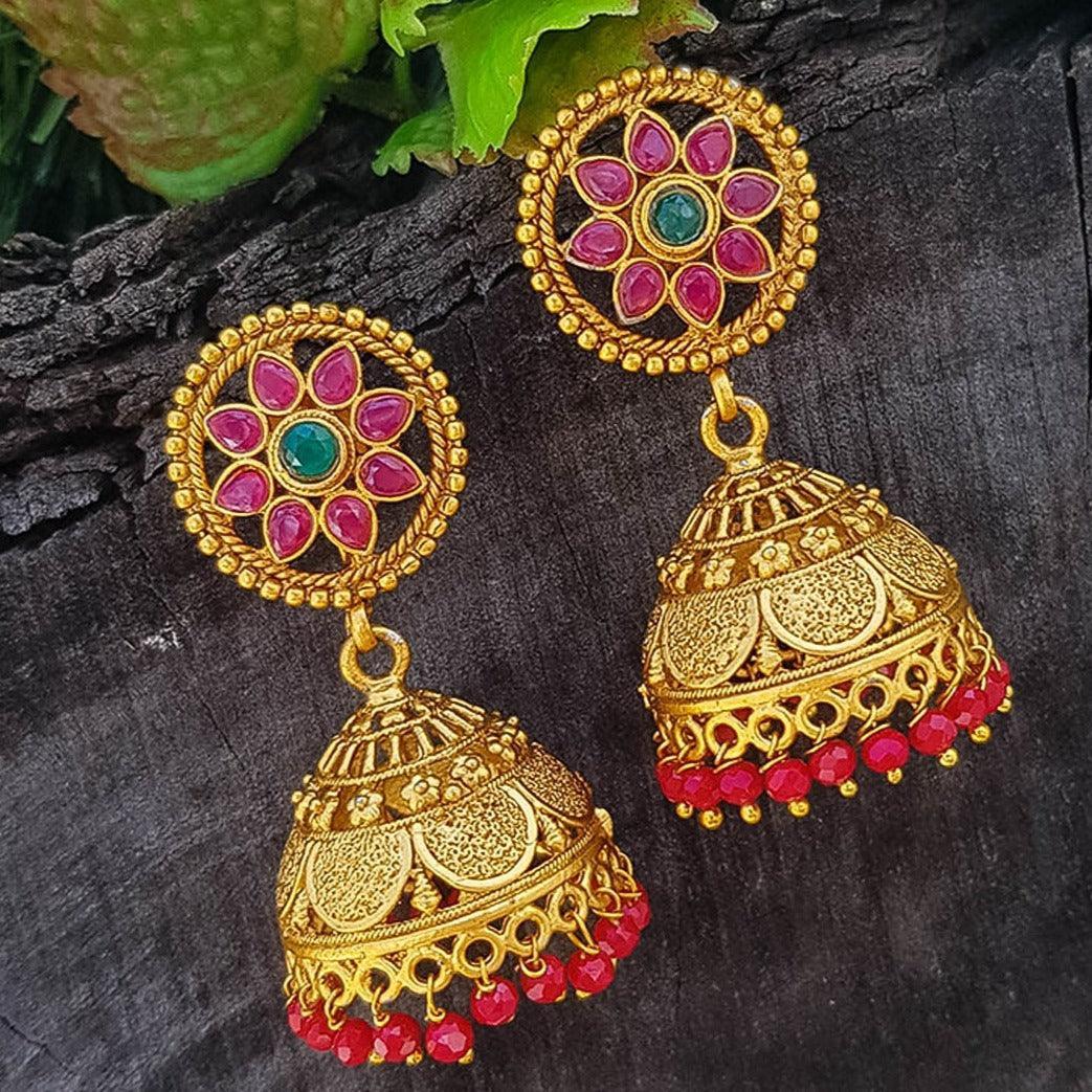 Premium Gold Plated traditional coral Studded Jhumka / stud/ earrings 10635N - Griiham