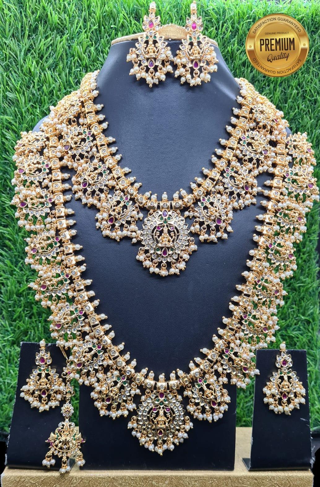 Premium Gold Polish CZ Kemp Studded Gottipusulu / Guttapusulu Necklace Combo (Long+short) with Tikka Bridal Wear 7061N