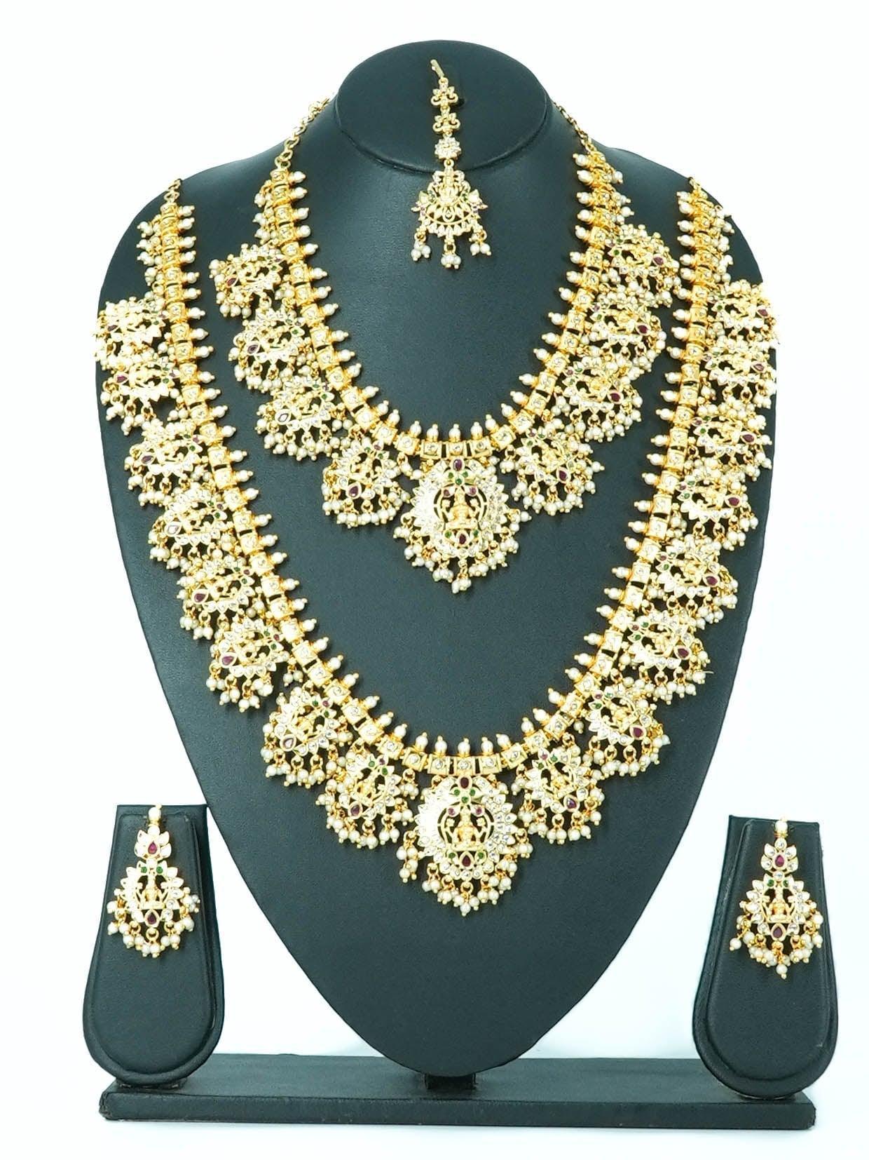 Premium Gold Polish CZ Kemp Studded Gottipusulu / Guttapusulu Necklace Combo (Long+short) with Tikka Bridal Wear 7061N - Griiham