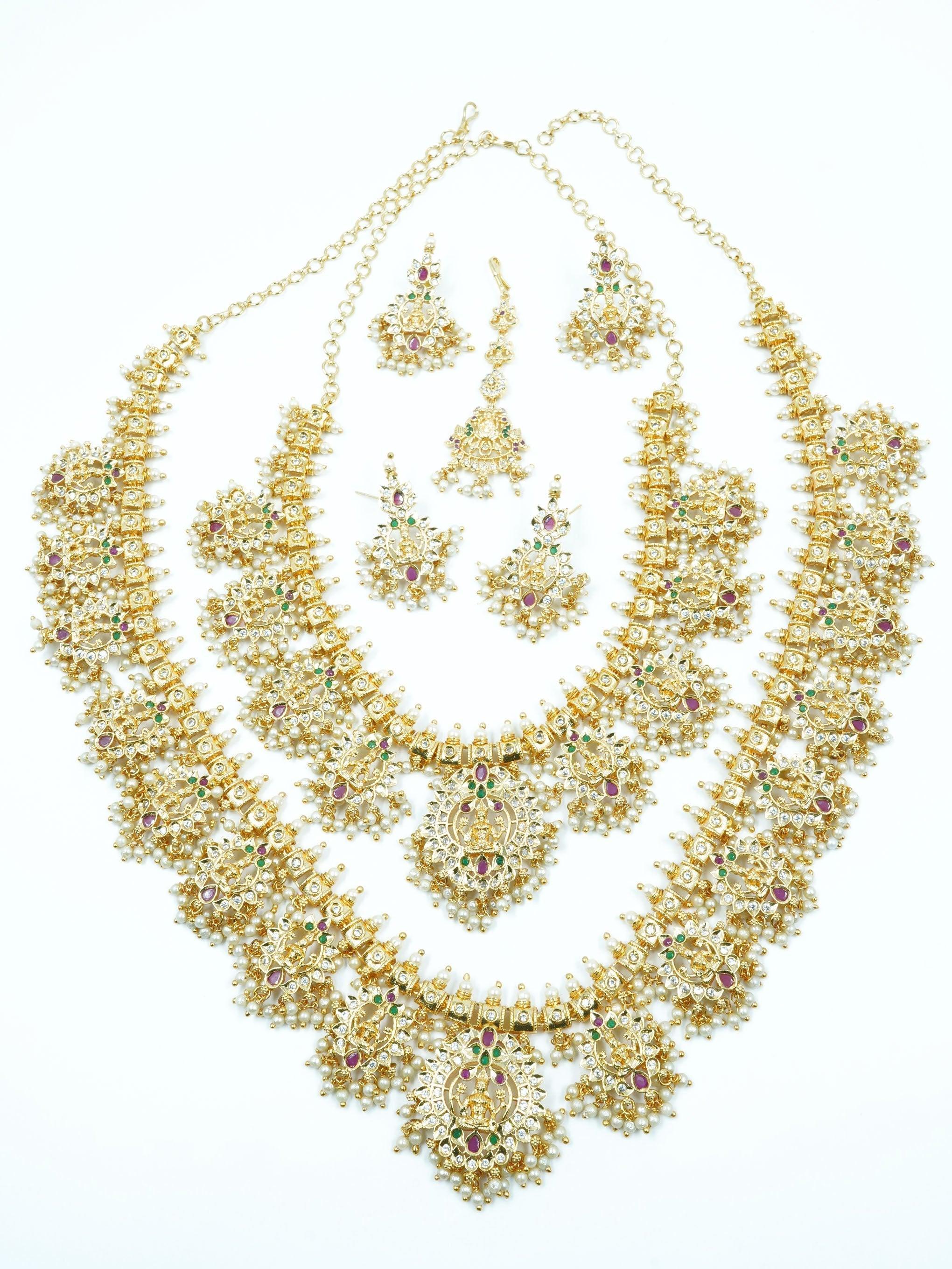 Premium Gold Polish CZ Kemp Studded Gottipusulu / Guttapusulu Necklace Combo (Long+short) with Tikka Bridal Wear 7061N - Griiham