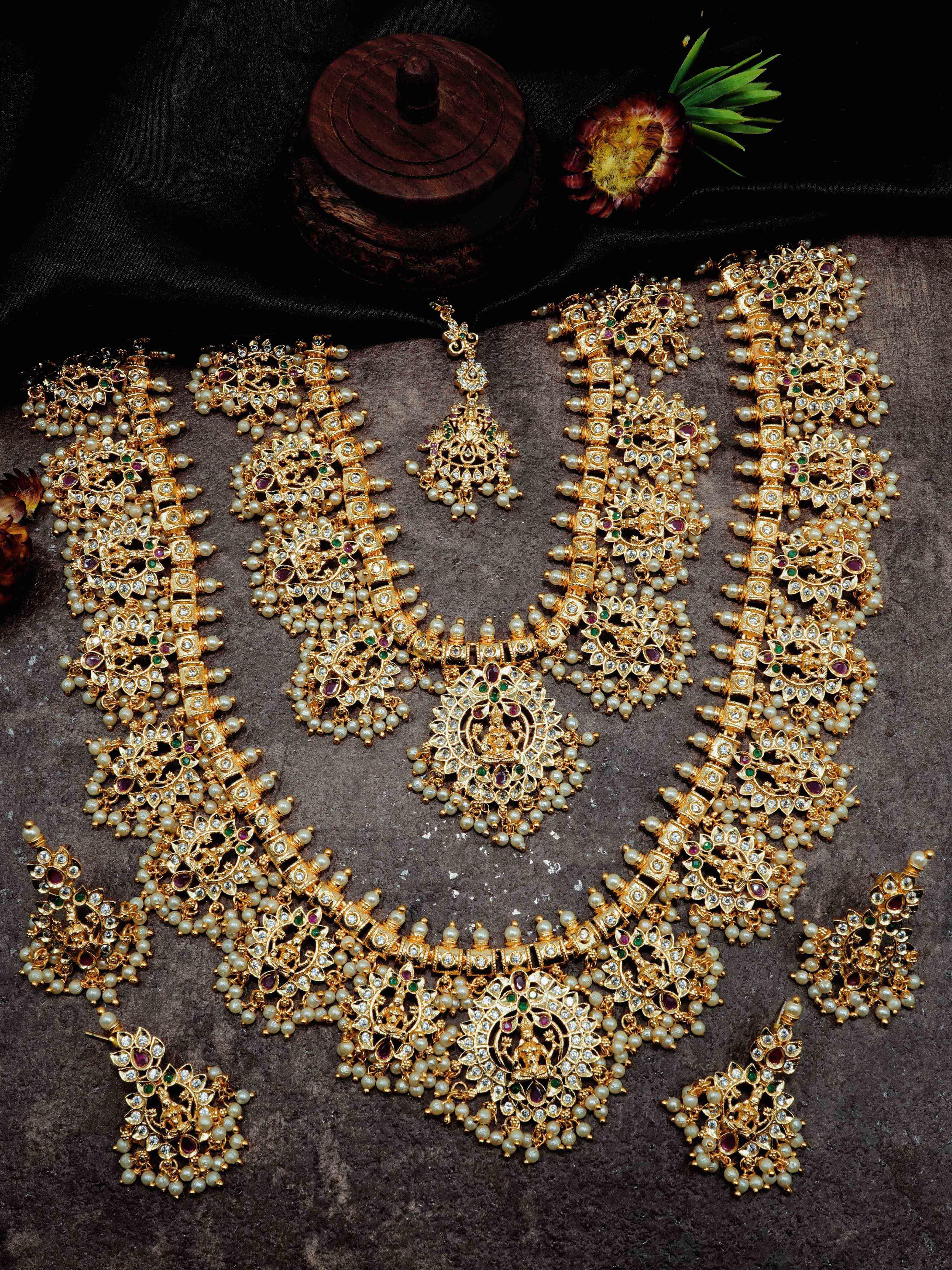 Premium Gold Polish CZ Kemp Studded Gottipusulu / Guttapusulu Necklace Combo (Long+short) with Tikka Bridal Wear 7061N - Griiham