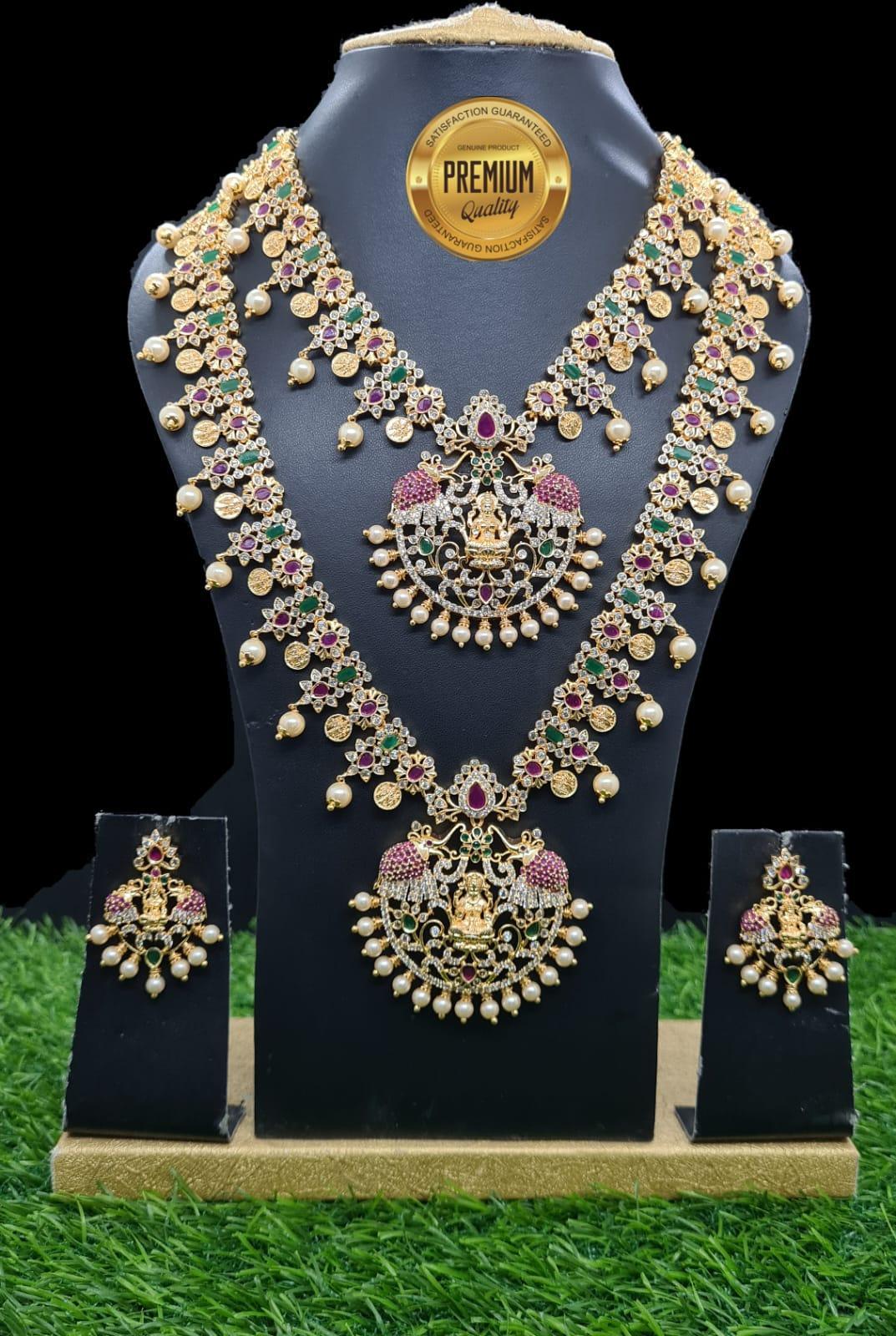 Premium Gold Polish CZ Kemp Studded Lakshmi Necklace Combo (Long+short) Bridal Wear 7063N