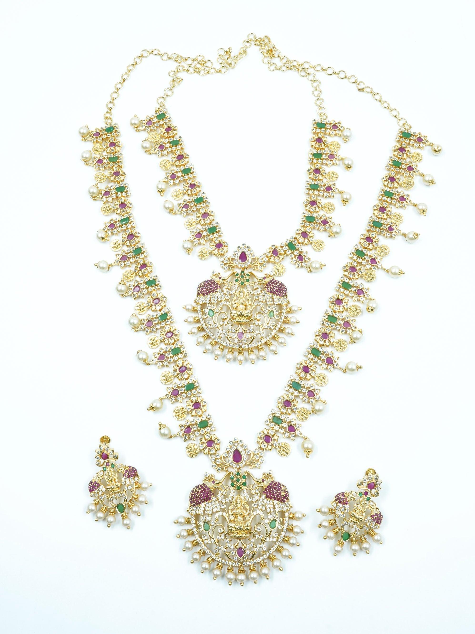 Premium Gold Polish CZ Kemp Studded Lakshmi Necklace Combo (Long+short) Bridal Wear 7063N - Griiham