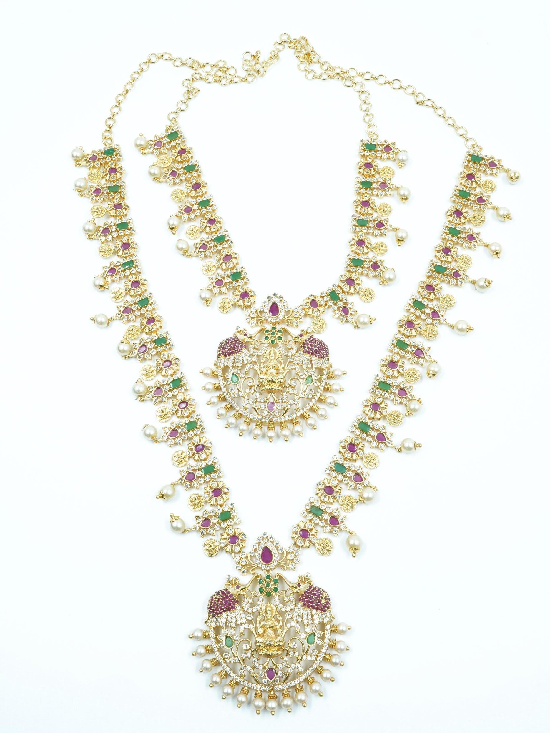 Premium Gold Polish CZ Kemp Studded Lakshmi Necklace Combo (Long+short) Bridal Wear 7063N - Griiham