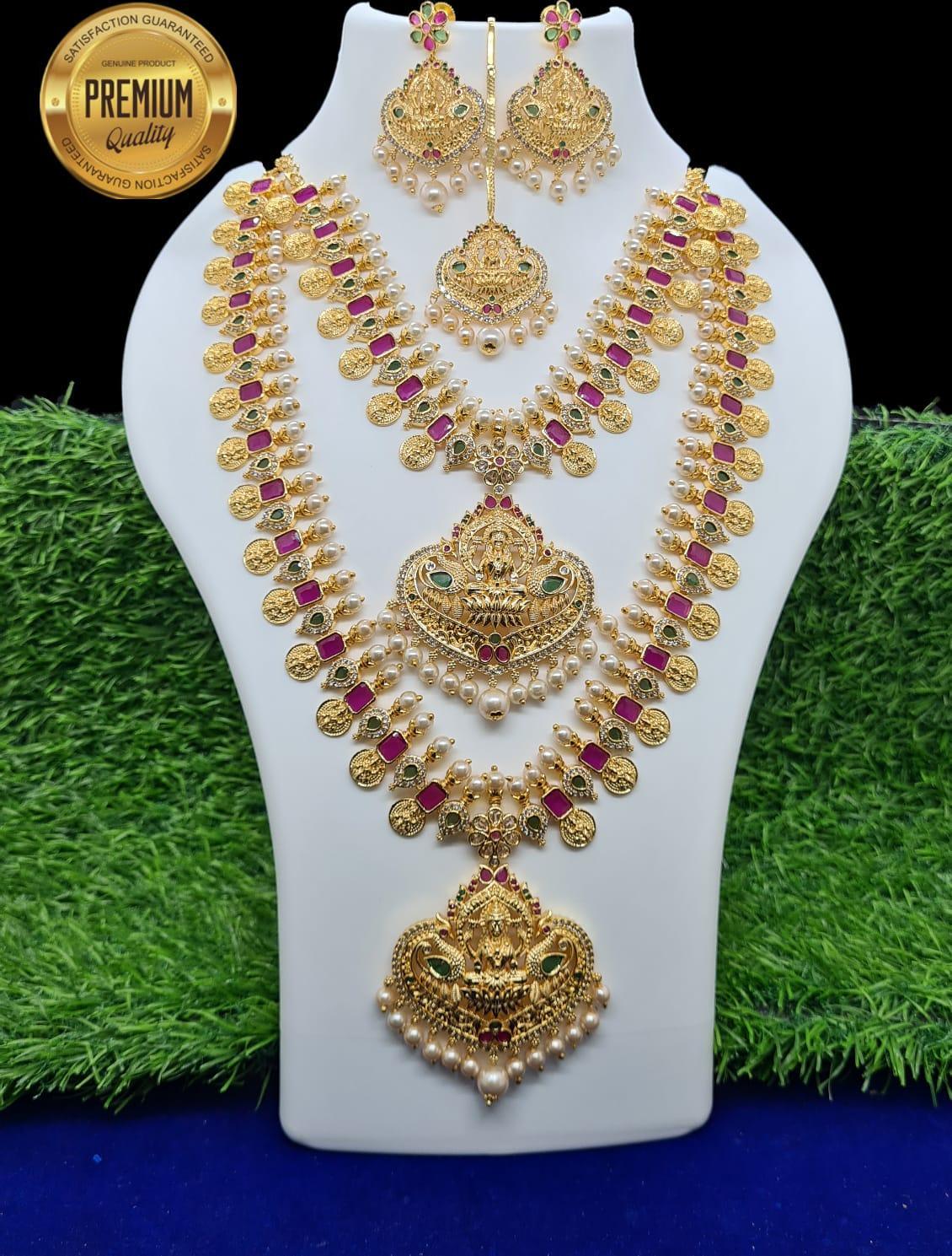 Premium Gold Polish CZ Kemp Studded Lakshmi Necklace Combo (Long+short) with Tikka Bridal Wea