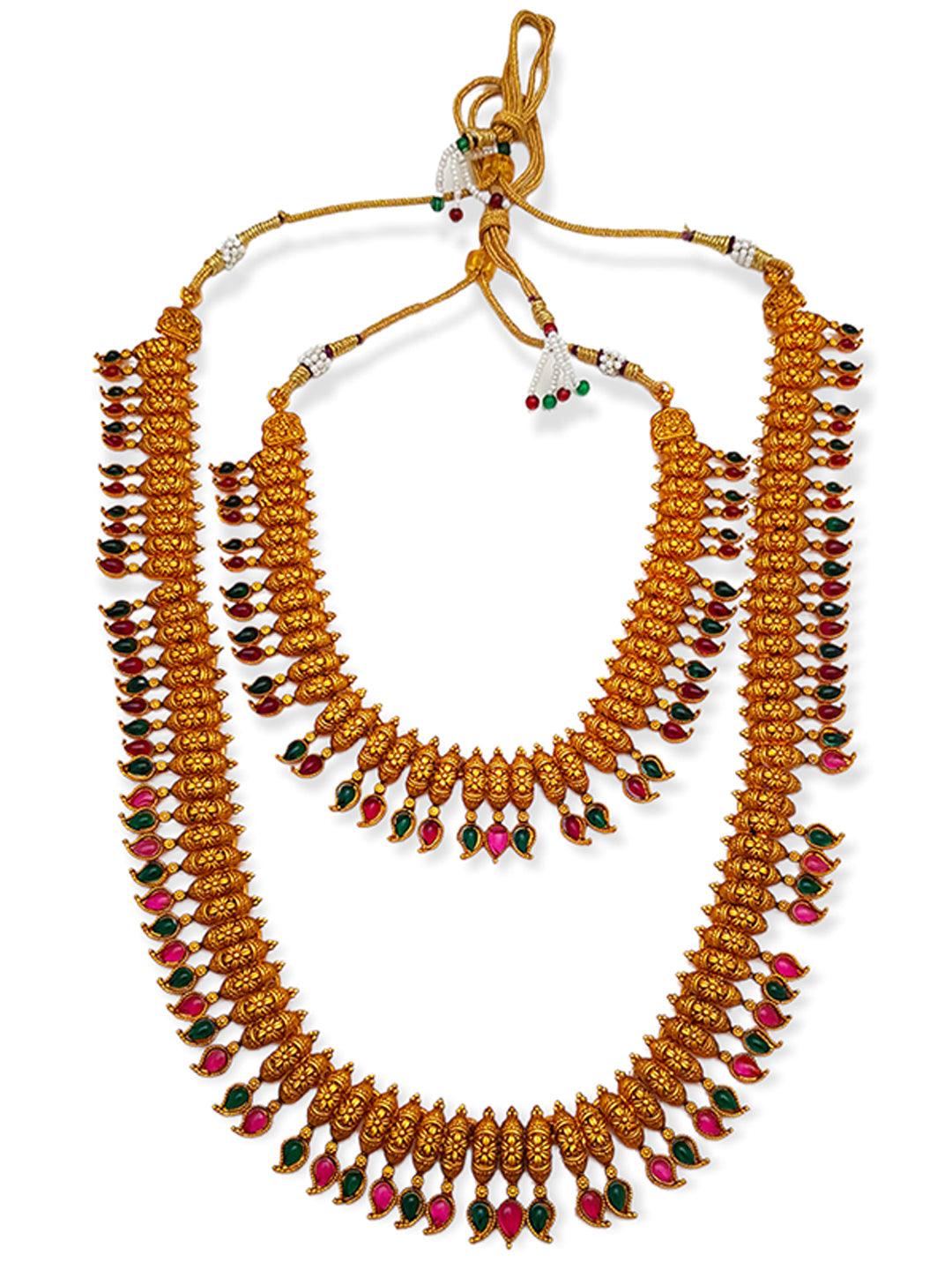 Premium Gold Polish Necklace Set combo with Multi color stones (Long+short