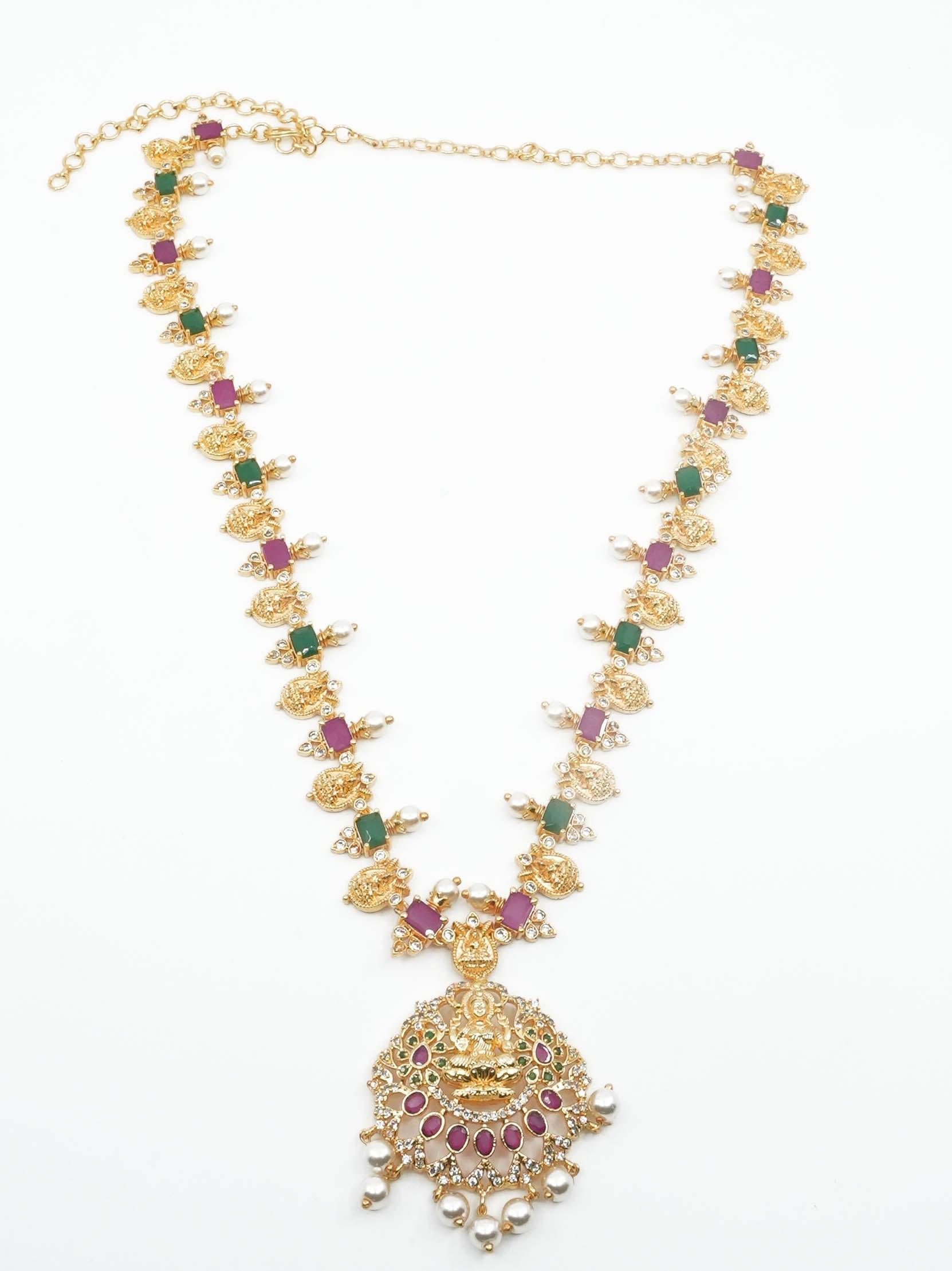 Premium Gold Polish Real AD Kemp Studded Lakshmi Necklace Combo (Long+short) NRG03-1650-3851N - Griiham