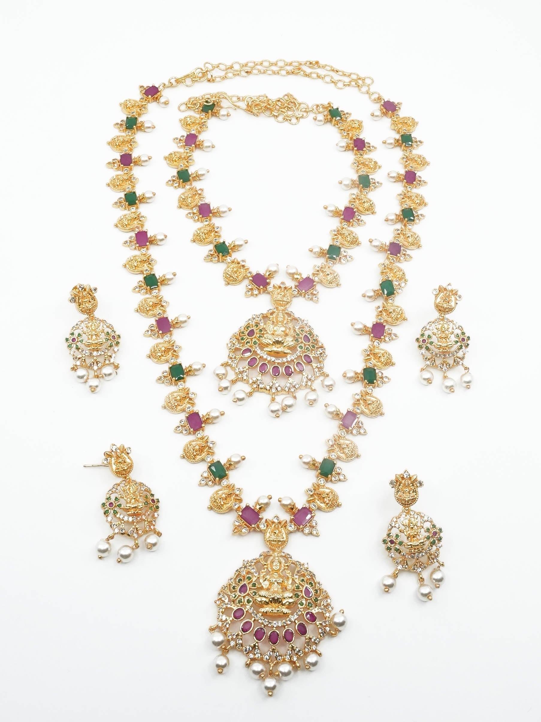 Premium Gold Polish Real AD Kemp Studded Lakshmi Necklace Combo (Long+short) NRG03-1650-3851N - Griiham