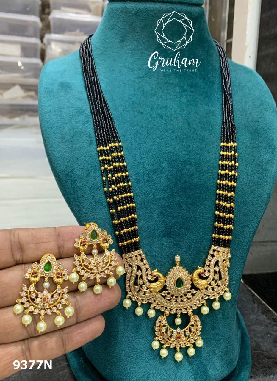 Premium Gold finish Long necklace set with colored kempu stones and cz stones 9376N - Griiham