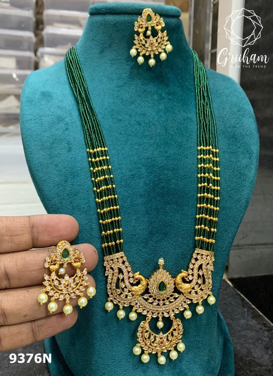 Premium Gold finish Long necklace set with colored kempu stones and cz stones 9376N - Griiham