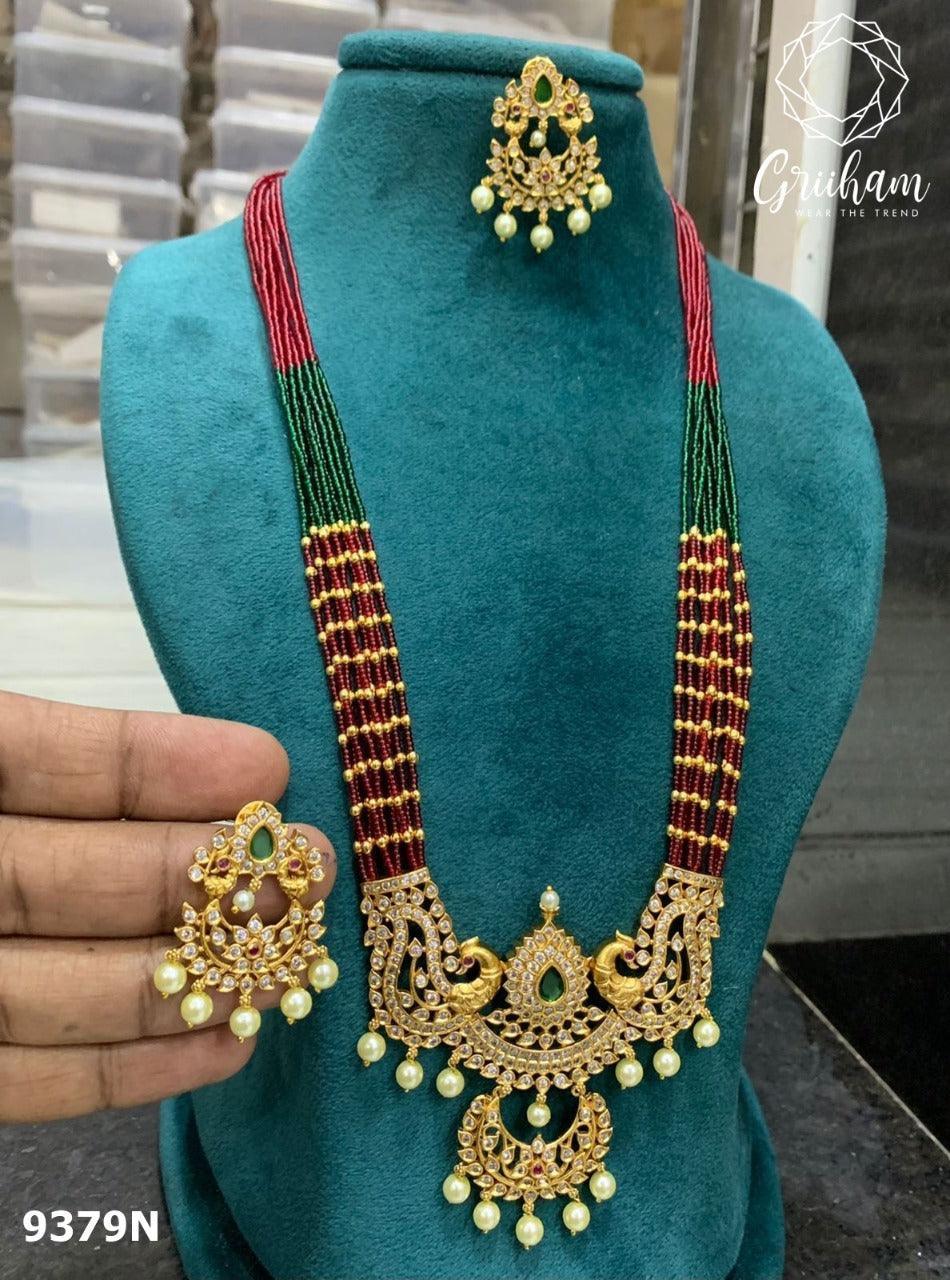 Premium Gold finish Long necklace set with colored kempu stones and cz stones 9376N - Griiham