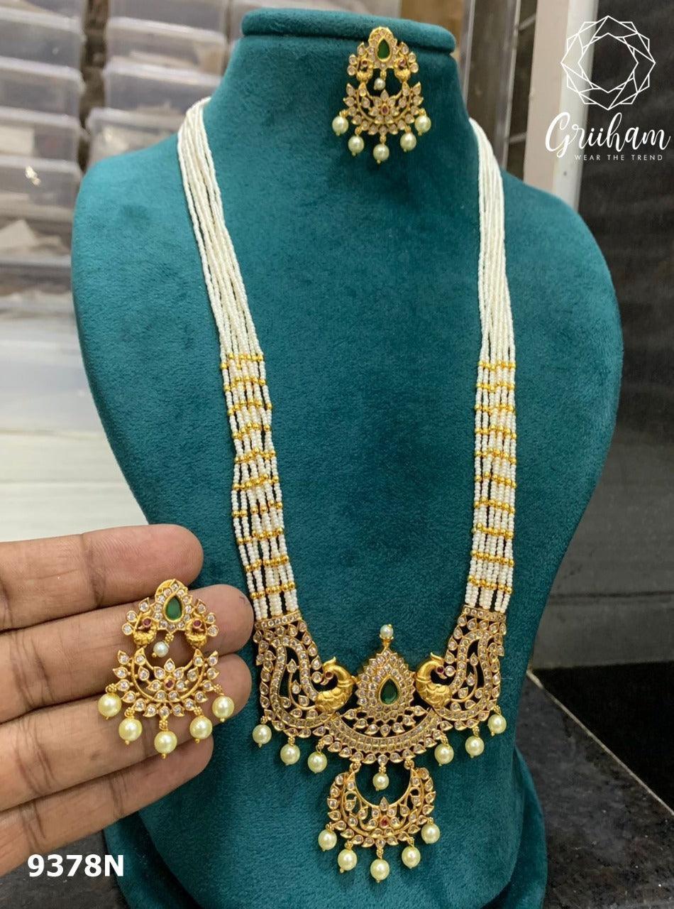 Premium Gold finish Long necklace set with colored kempu stones and cz stones 9376N - Griiham