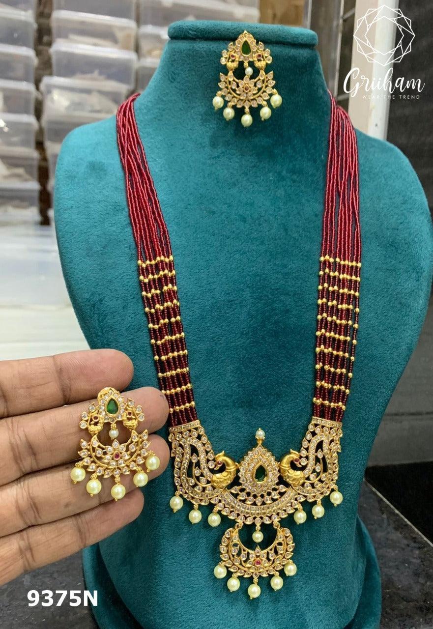 Premium Gold finish Long necklace set with colored kempu stones and cz stones 9376N - Griiham