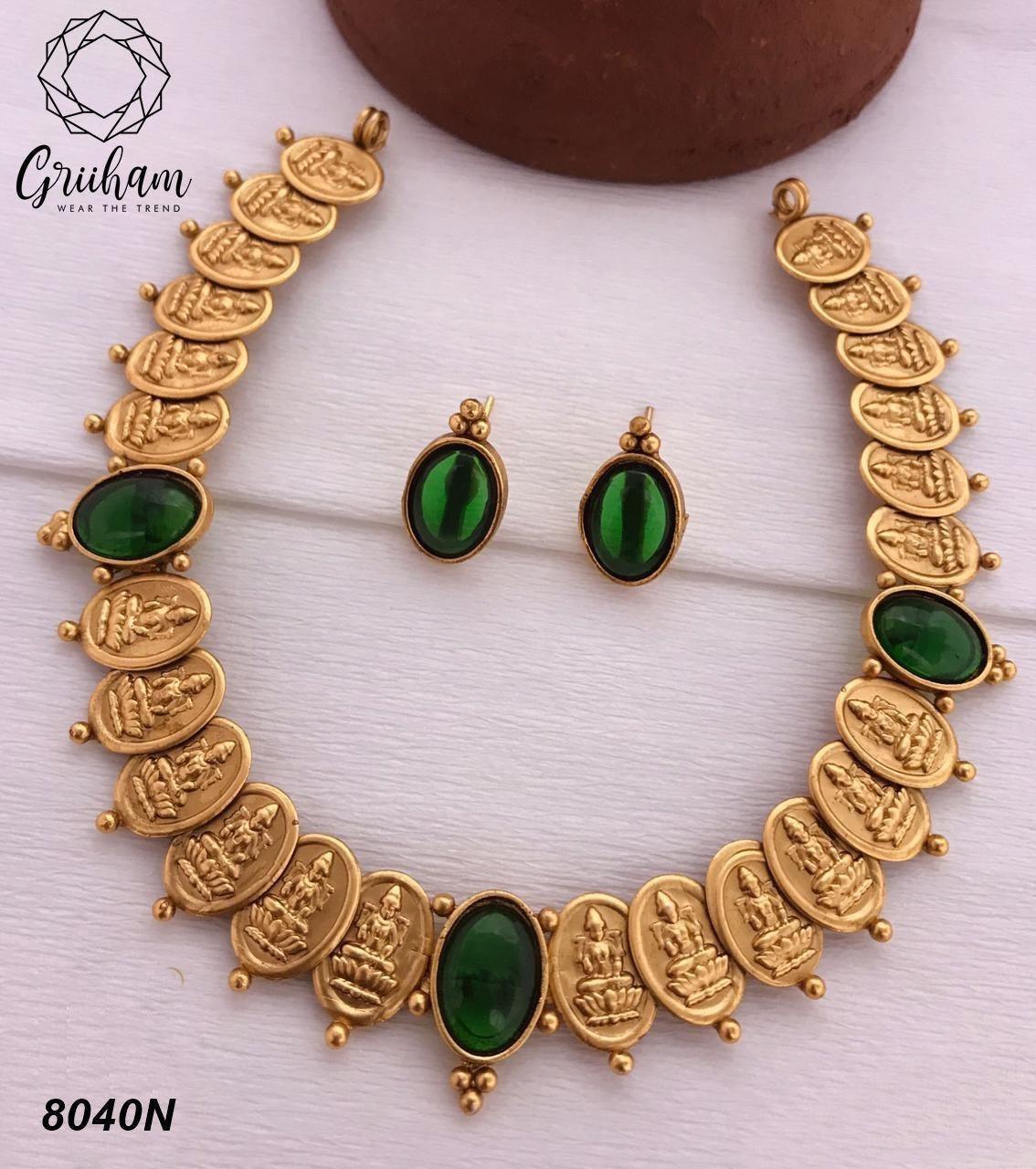 Premium Gold plated Floral Design Necklace set 8039N-Necklace Set-Kanakam-Green-Griiham