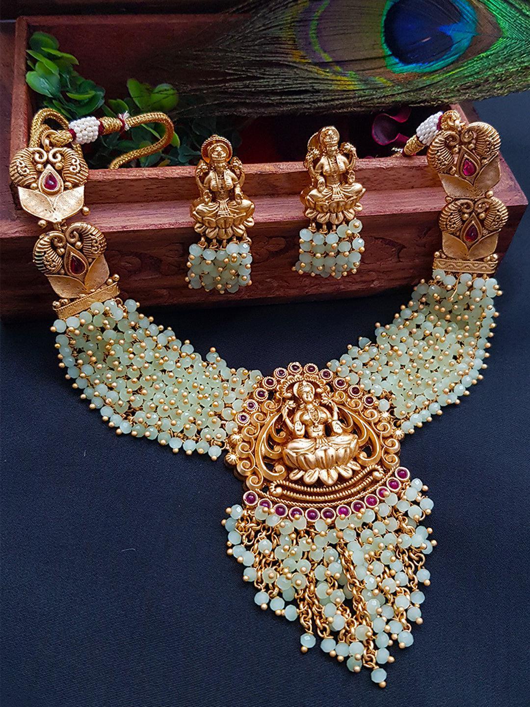 Premium Gold plated Laxmi with colored beads Short Necklace Set 8183N-Necklace Set-Kanakam-Maroon beads-Griiham