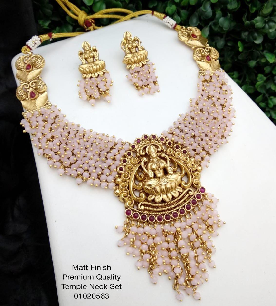 Premium Gold plated Laxmi with colored beads Short Necklace Set 8183N-Necklace Set-Kanakam-Mint Pink-Griiham