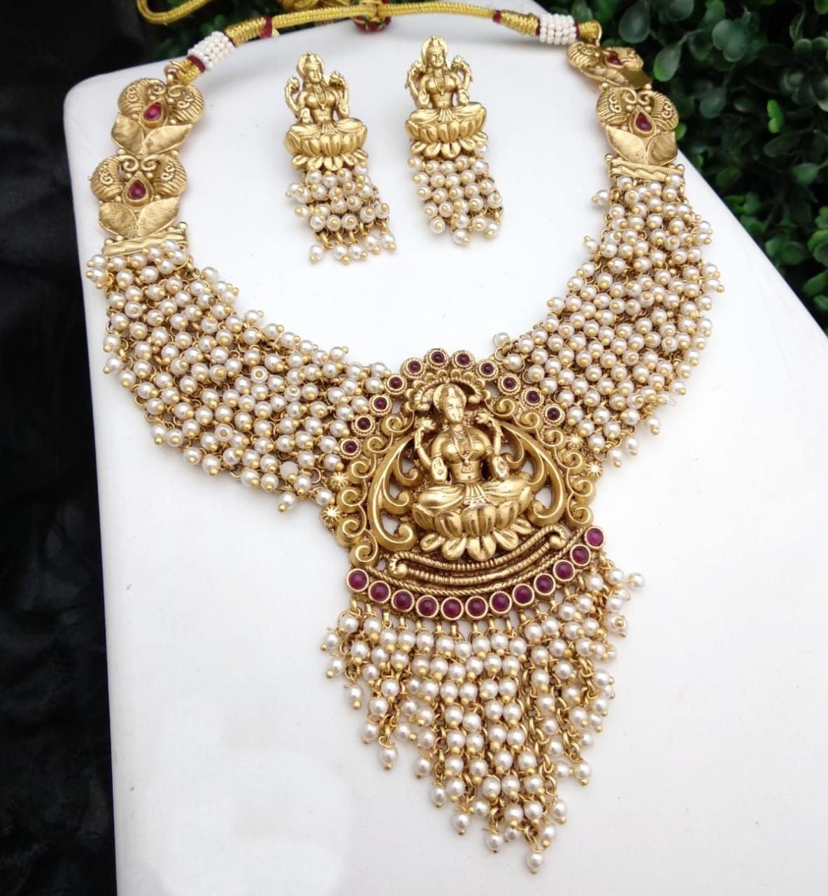 Premium Gold plated Laxmi with colored beads Short Necklace Set 8183N-Necklace Set-Kanakam-white beads-Griiham