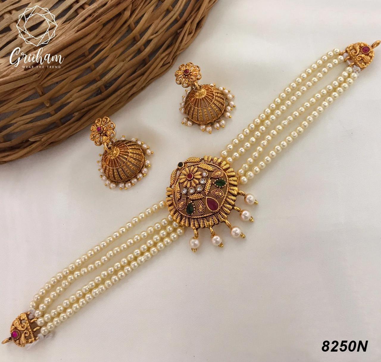 Premium Gold plated Necklace Set choker 8250N-Necklace Set-Kanakam-Griiham