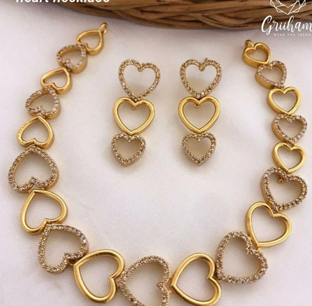 Premium Gold plated cz stones heart shaped Necklace set 7849N-Necklace Set-Kanakam-Griiham