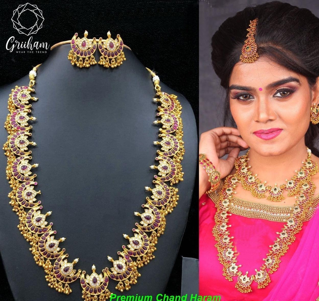 Premium Gold polish cz stones with ruby stones multicolor Long Necklace set/Haram 7903N-Necklace Set-Kanakam-Griiham