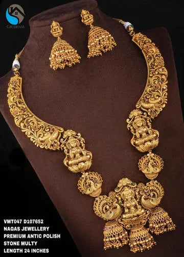 Premium Gold polish stones studded Exclusive Nagas bestseller design Long Laxmi Haram/Hara Necklace set