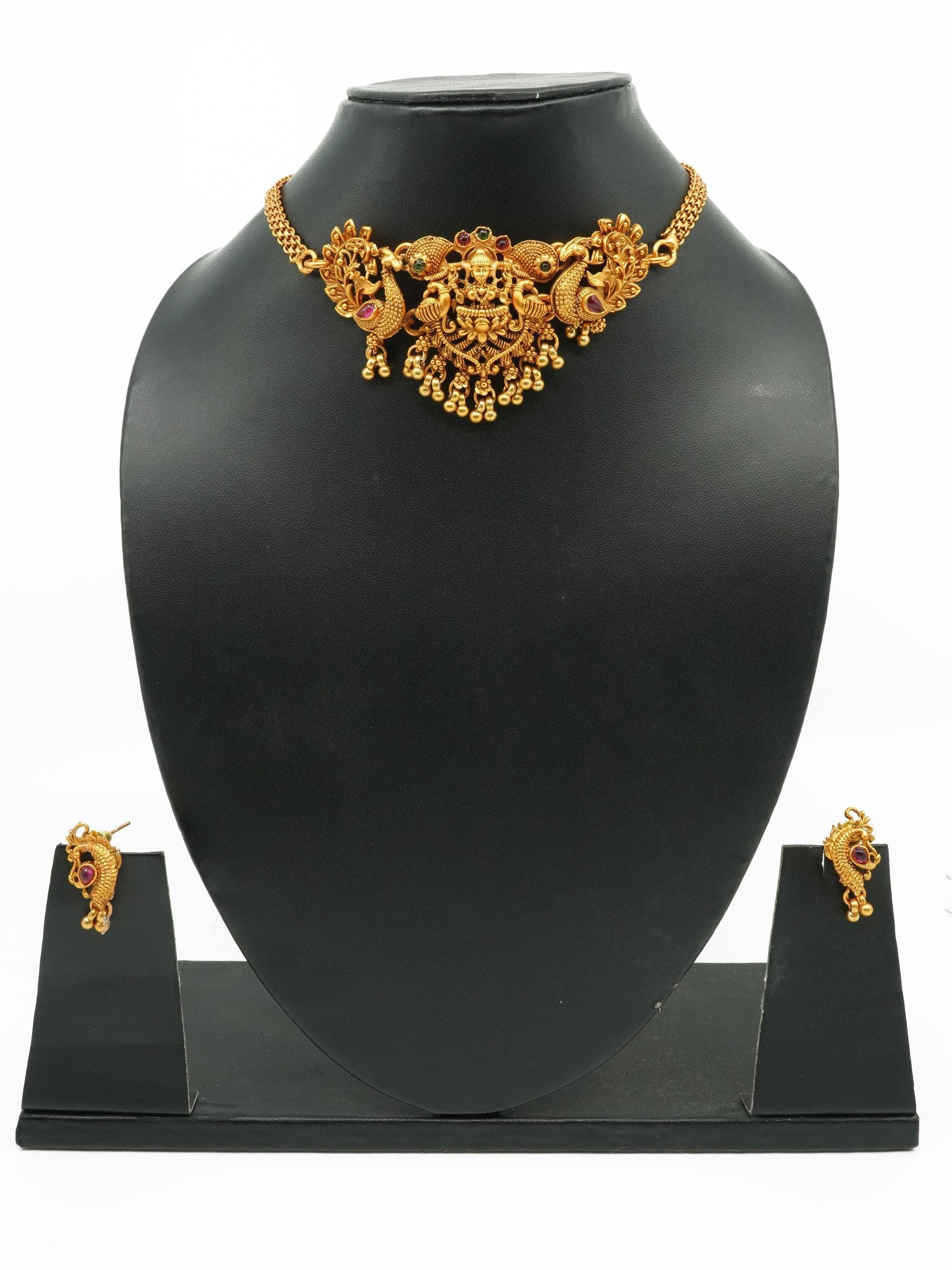 Premium Laxmi Gold Finish choker necklace set 10953N - Griiham