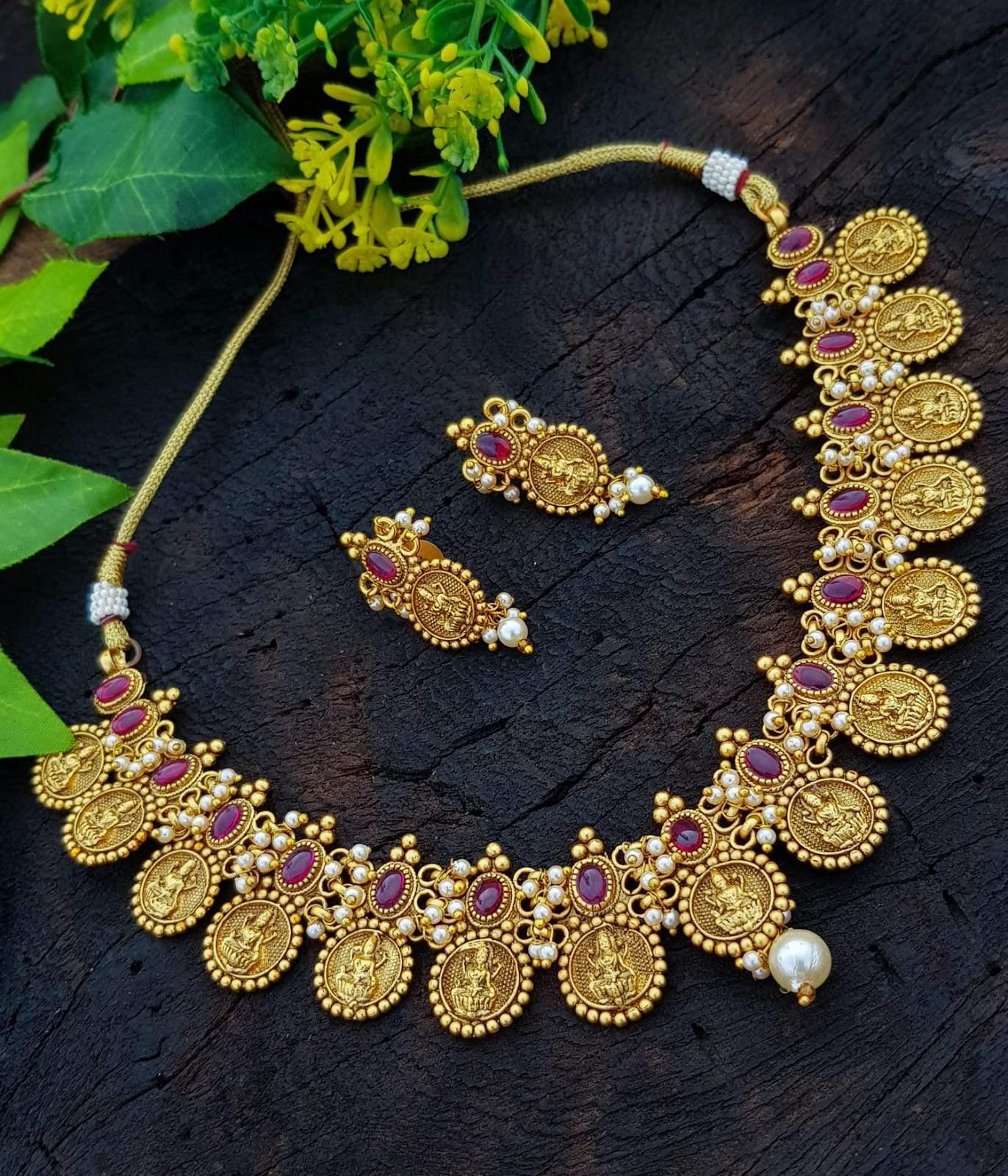 Premium Laxmi Kasu Necklace with emerald stones in premium polish 4823N