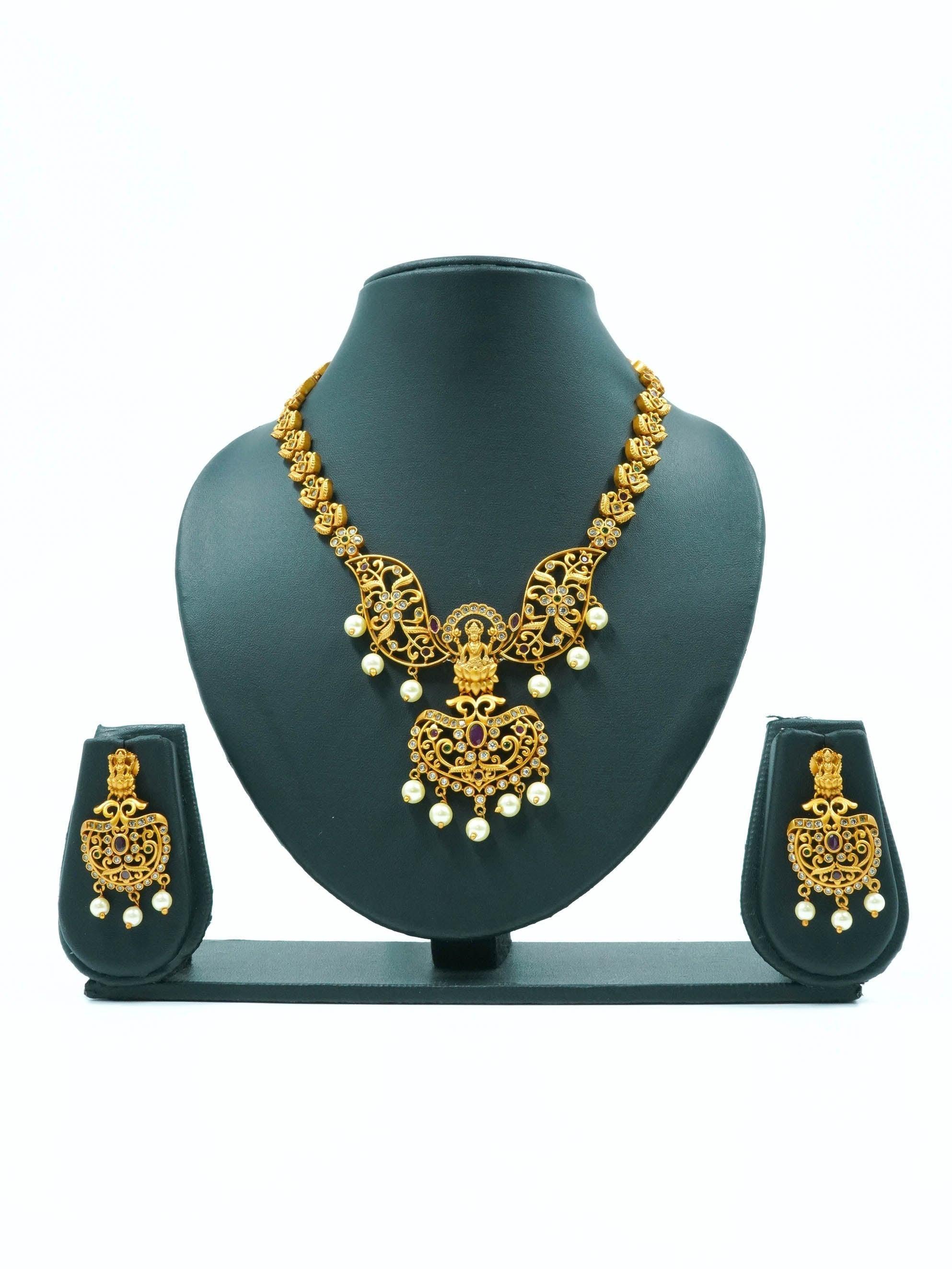 Premium Matt Gold Finish Classic Laxmi with peacock Short Necklace Set with Kemp Stones NAG02-778-3781N - Griiham