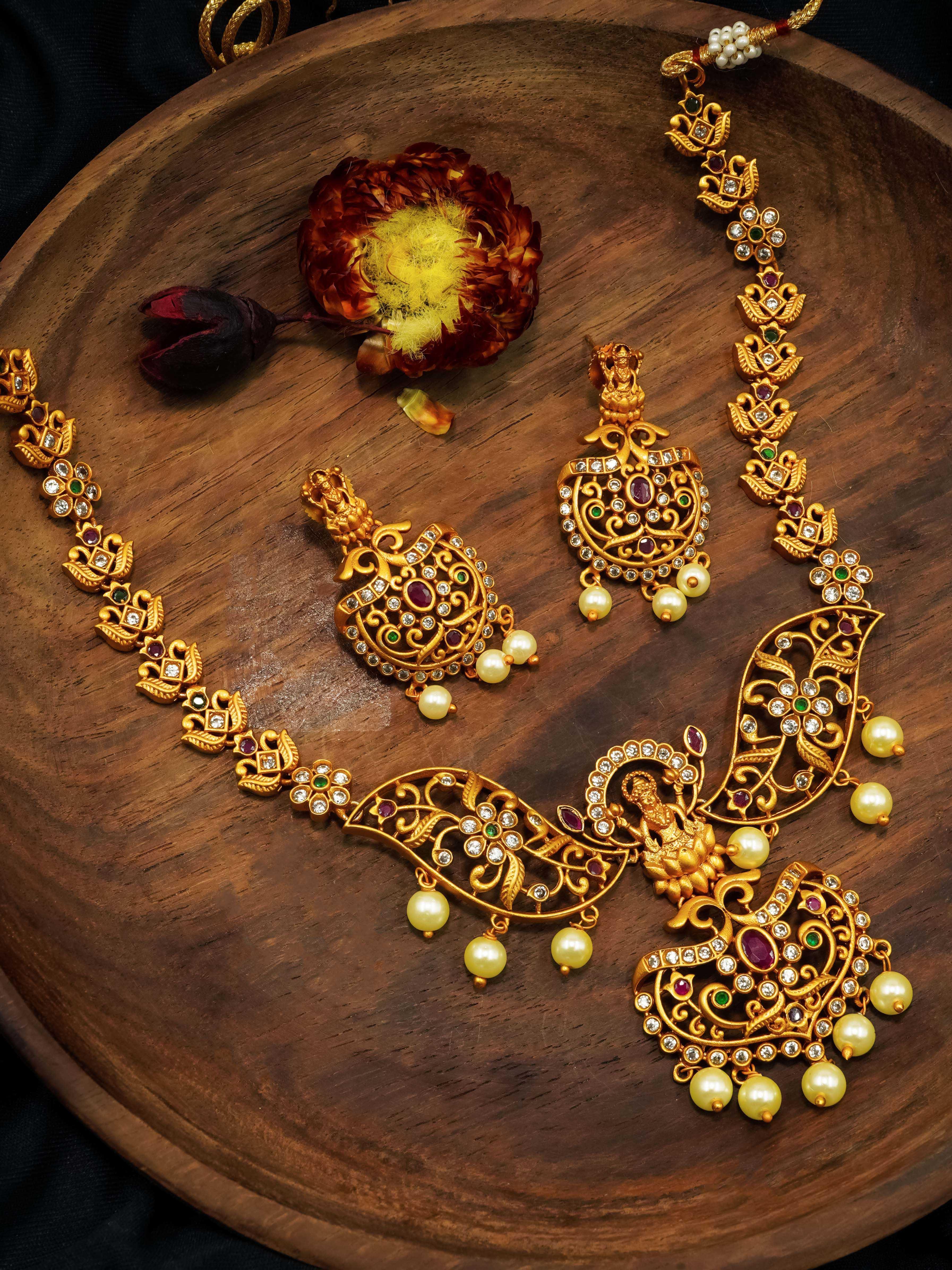 Premium Matt Gold Finish Classic Laxmi with peacock Short Necklace Set with Kemp Stones NAG02-778-3781N - Griiham