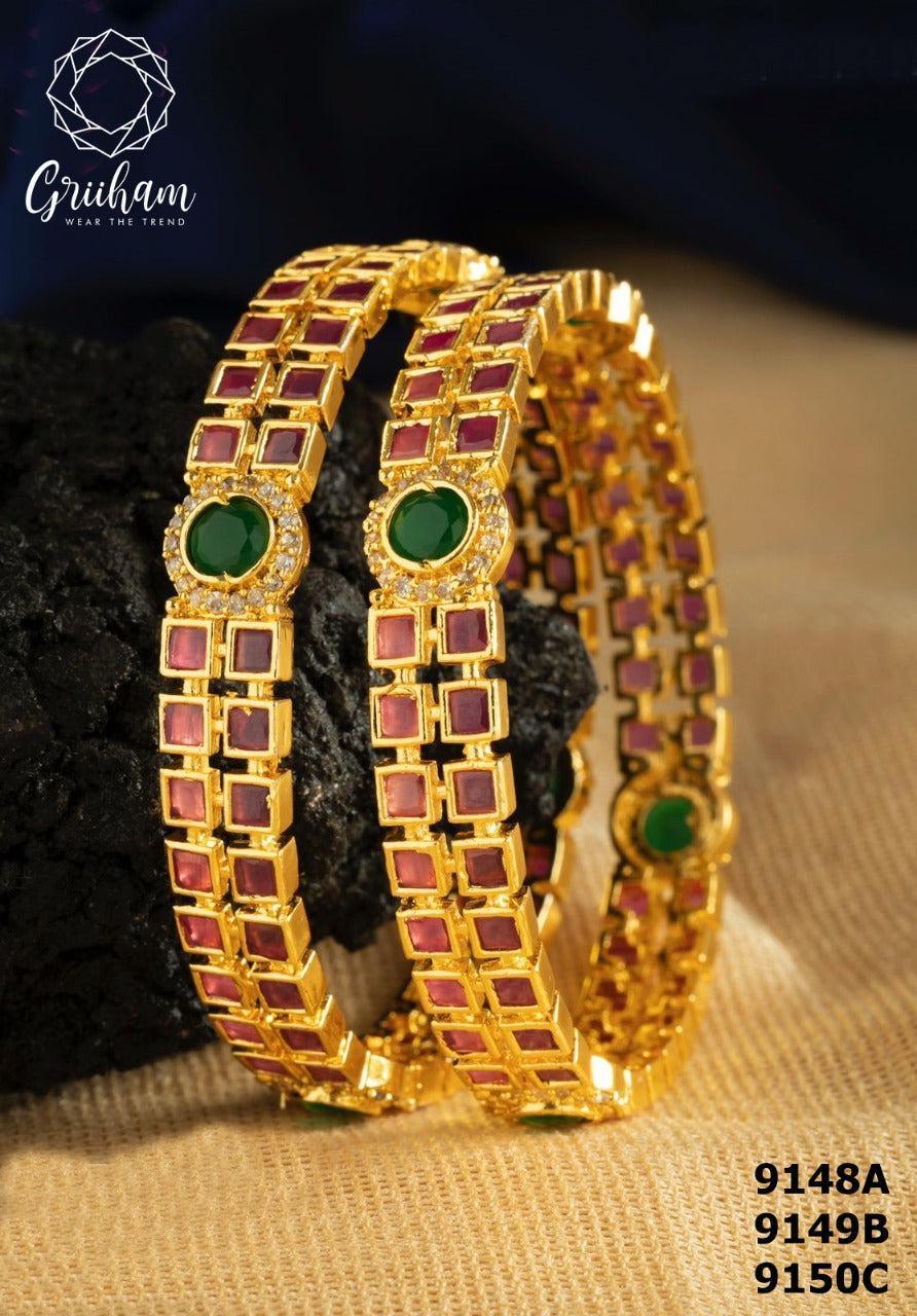 Premium Micro Gold Plated Set of 2 Broad Bangles with Multi Color Stones 9148A-Designer Bangles-Griiham-2.4-Griiham