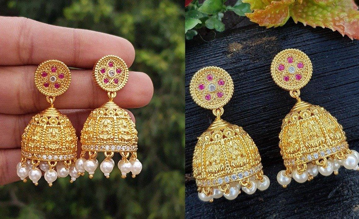 Premium Micro Guaranteed Gold polish Laxmi engraved Jumkis / Earrings with cz stones 5325N