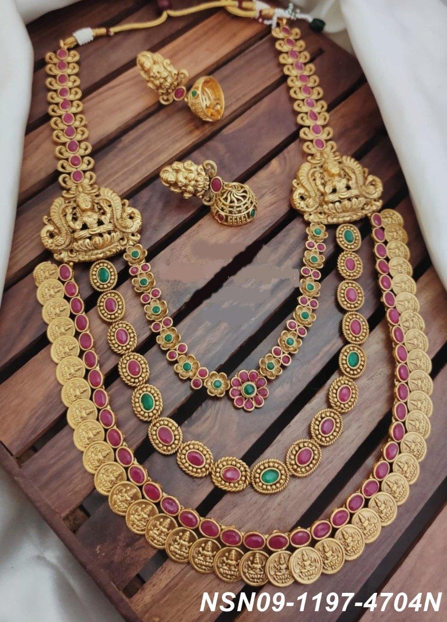 Premium Polish Brass Based Restocked fast seller 3 Line Laxmi coin hara Necklace set NSN09-1197-4704N