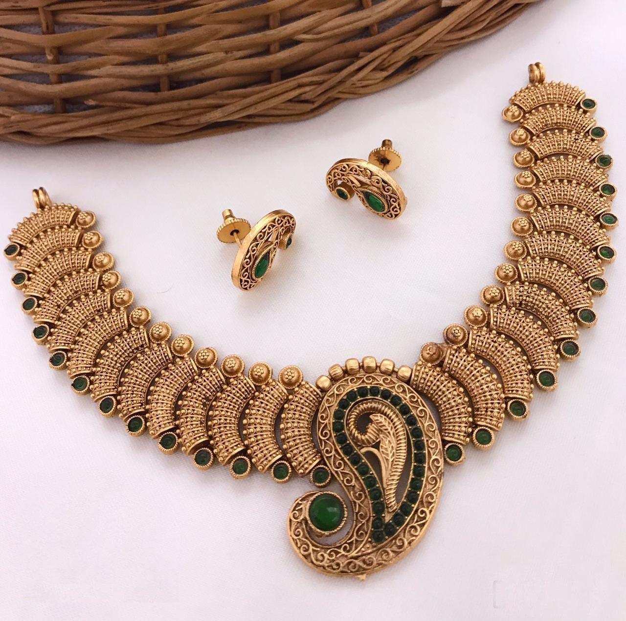 Premium Polish Mango malai Pattern Short necklace Set 8186N-Necklace Set-Griiham-Green-Griiham