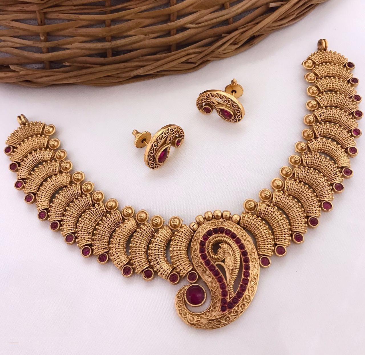 Premium Polish Mango malai Pattern Short necklace Set 8186N-Necklace Set-Griiham-Ruby Red-Griiham