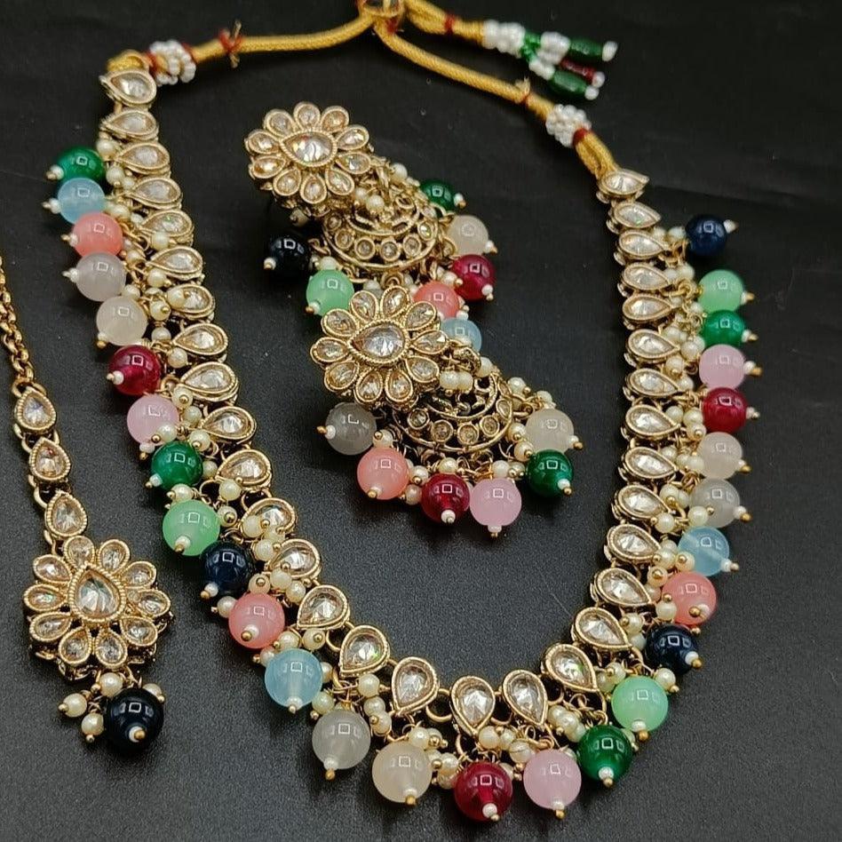 Premium Quality Gold finish Multicolor stone with kundan Necklace set - Griiham