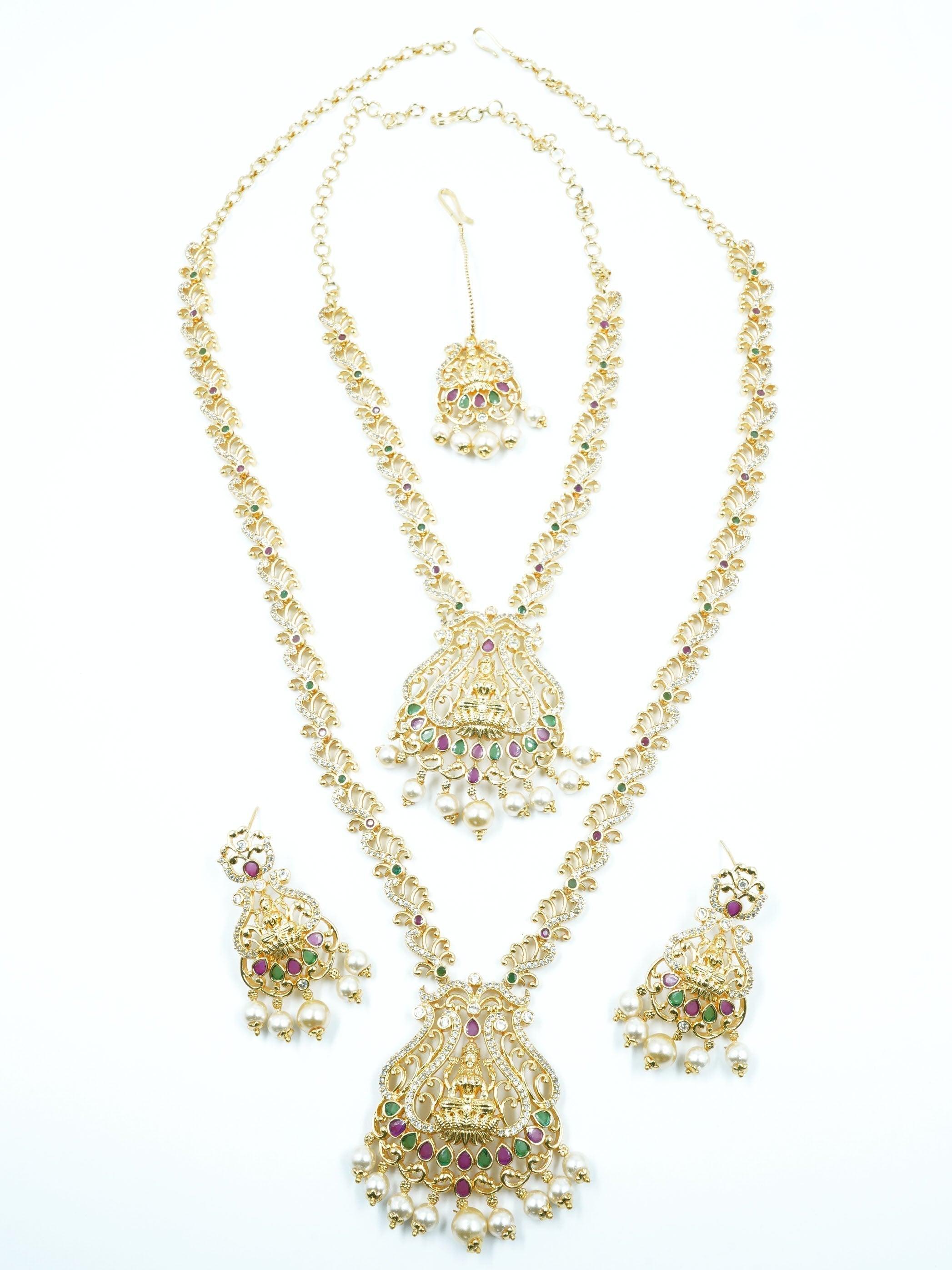 Premium Quality Laxmi Design Multi Colour AD Necklace Set Combo (Long+short) with Maang Tikka - Griiham