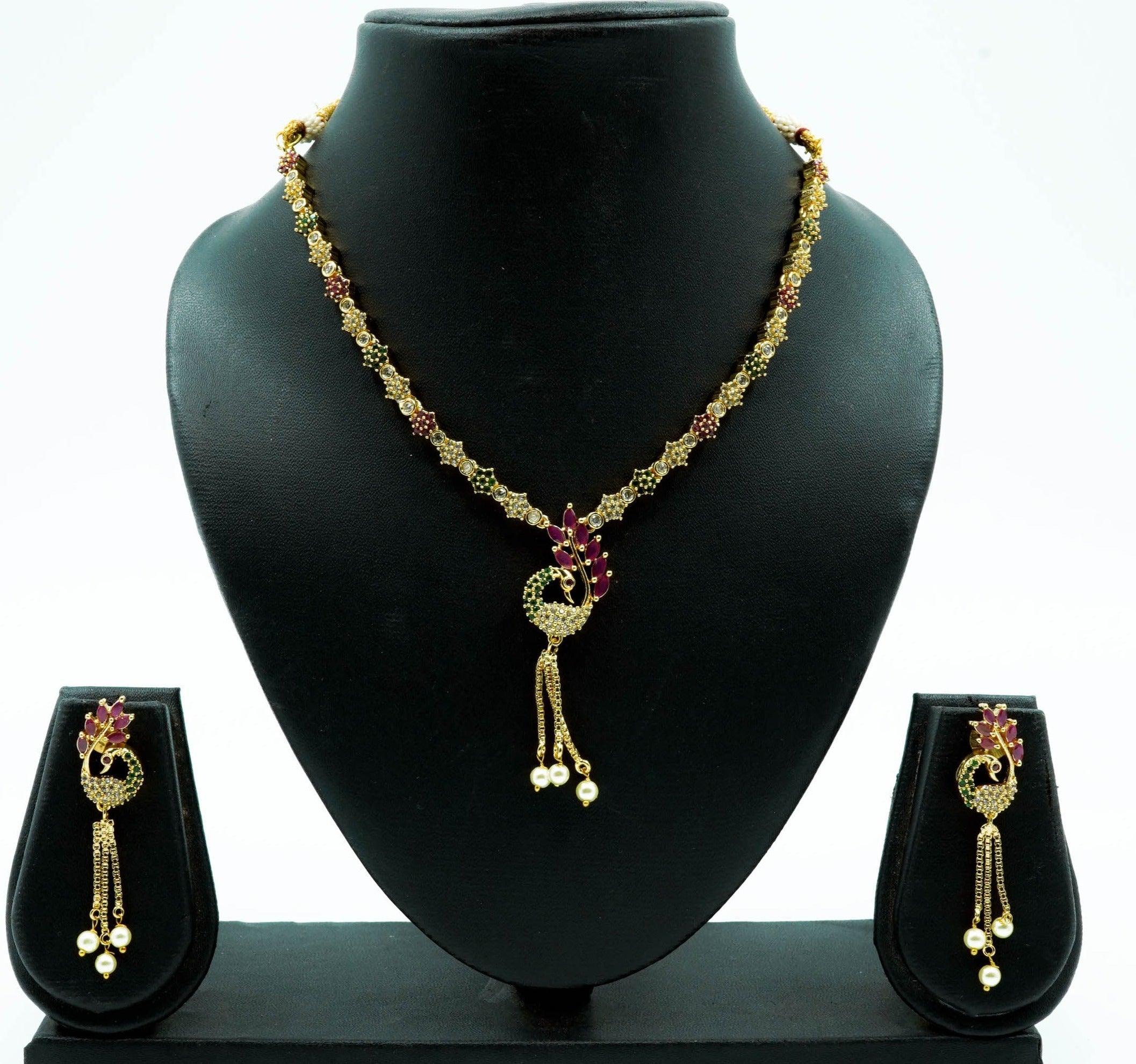 Premium Quality Micro Gold finish Necklace set with High Quality AD Stones Peacock 9513N - Griiham